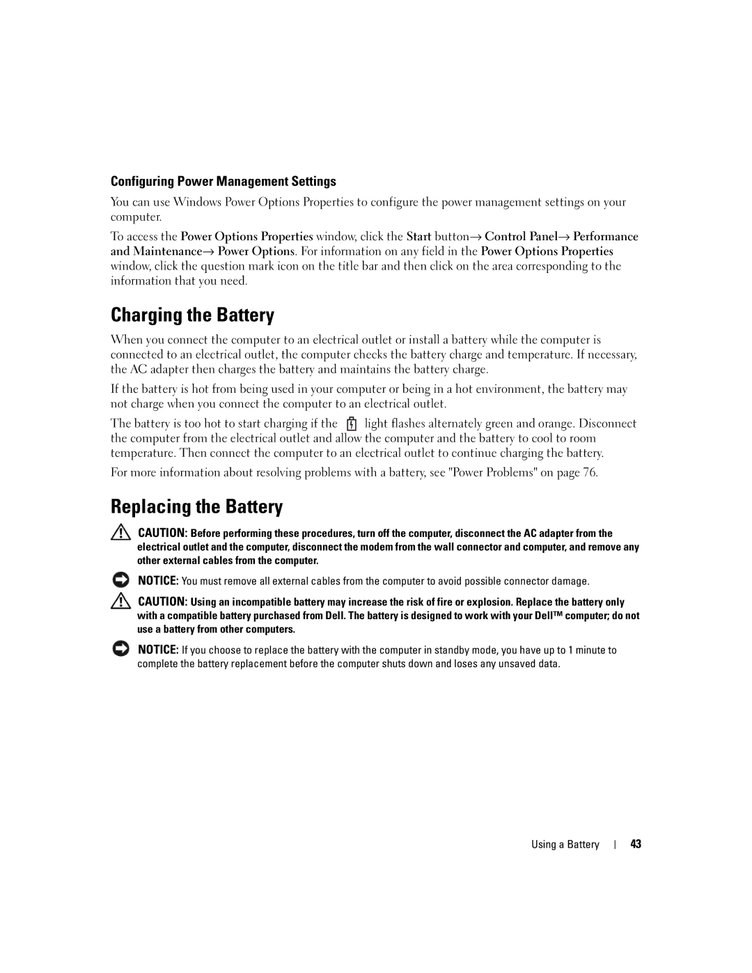 Dell PP23LA owner manual Charging the Battery, Replacing the Battery, Configuring Power Management Settings 