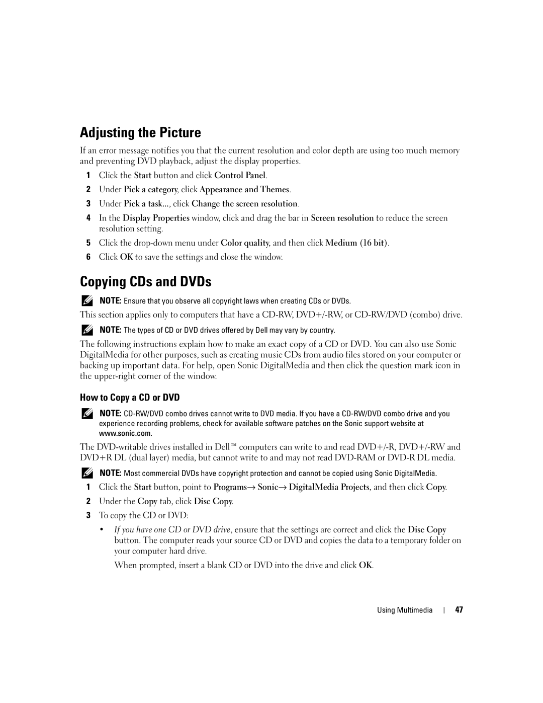 Dell PP23LA owner manual Adjusting the Picture, Copying CDs and DVDs, How to Copy a CD or DVD 