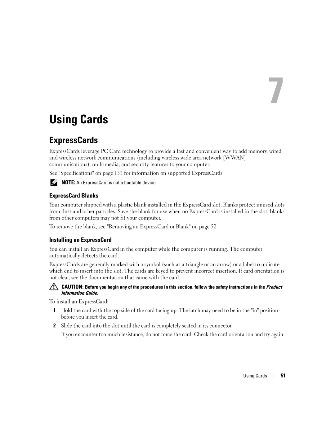 Dell PP23LA owner manual Using Cards, ExpressCards, ExpressCard Blanks, Installing an ExpressCard 