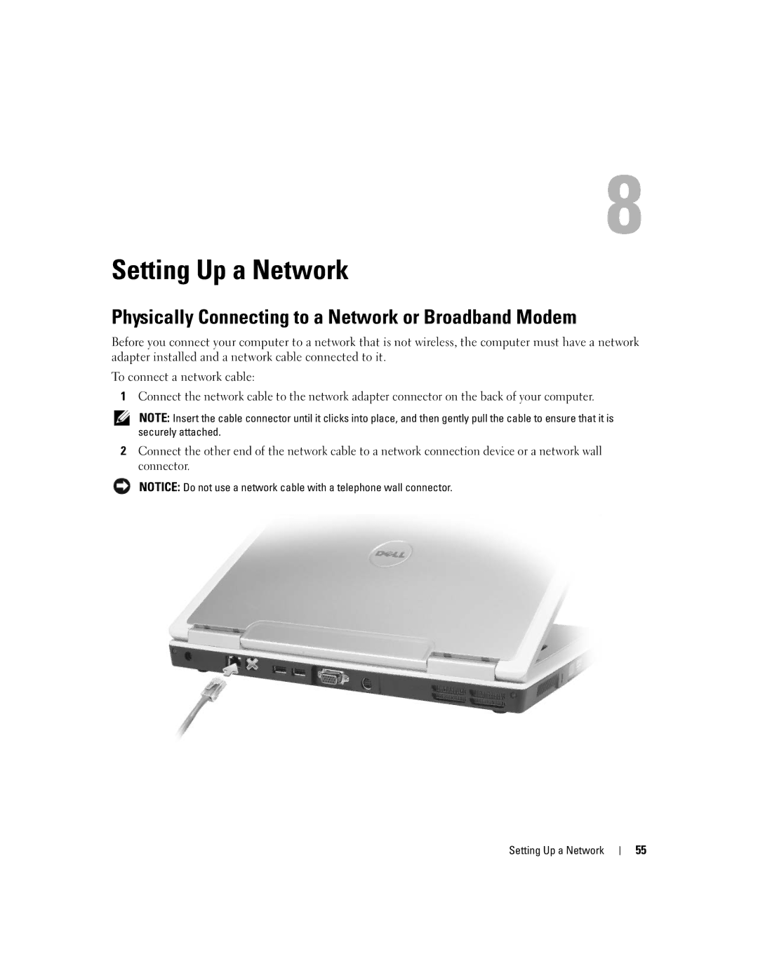 Dell PP23LA owner manual Setting Up a Network, Physically Connecting to a Network or Broadband Modem 