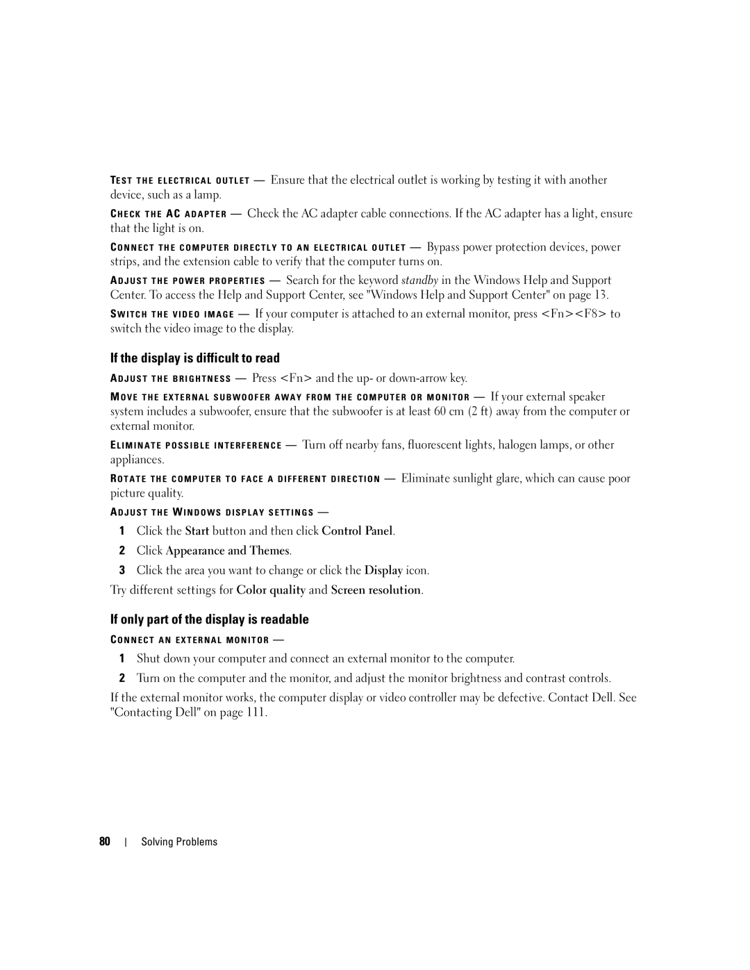 Dell PP23LA owner manual If the display is difficult to read, If only part of the display is readable, Picture quality 