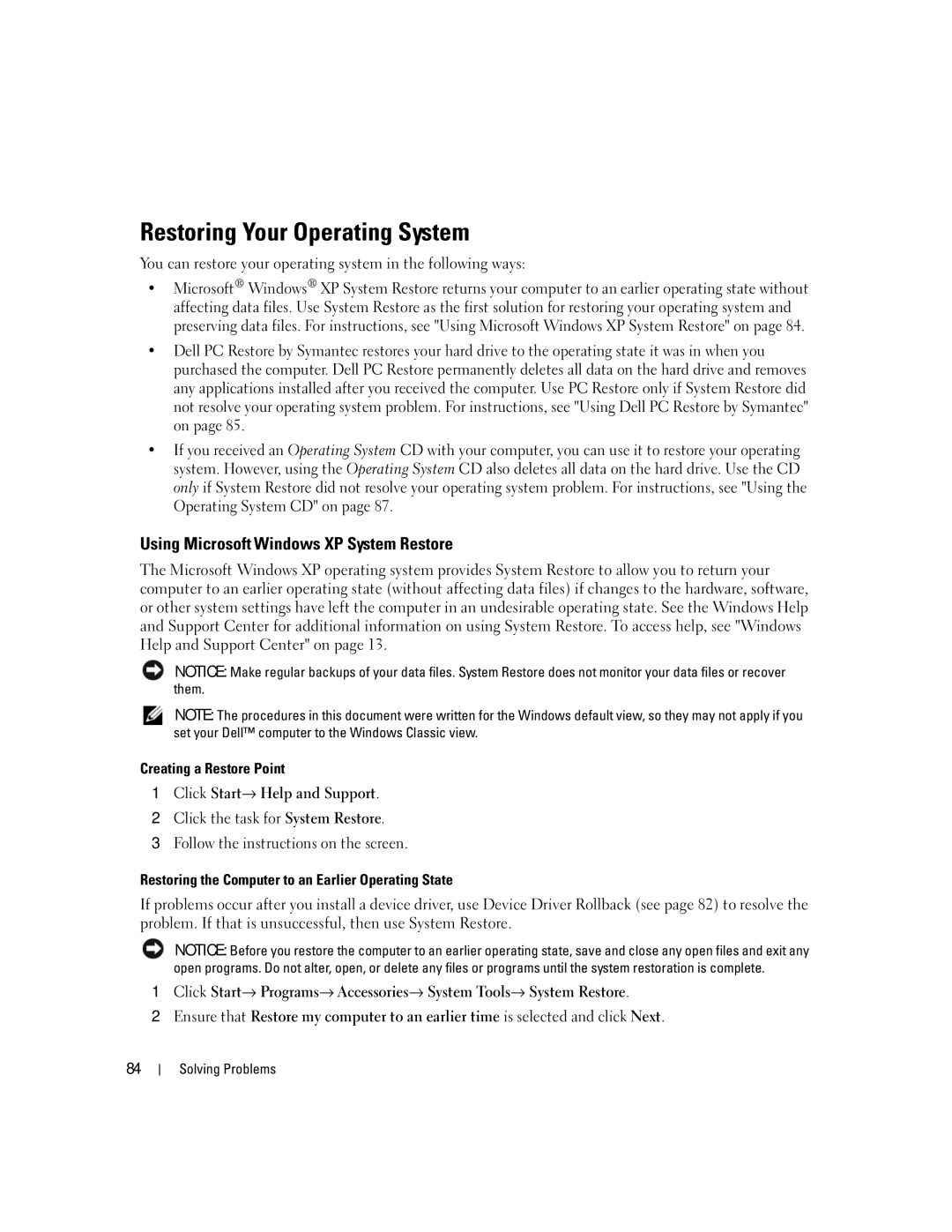 Dell PP23LA owner manual Restoring Your Operating System, Using Microsoft Windows XP System Restore 