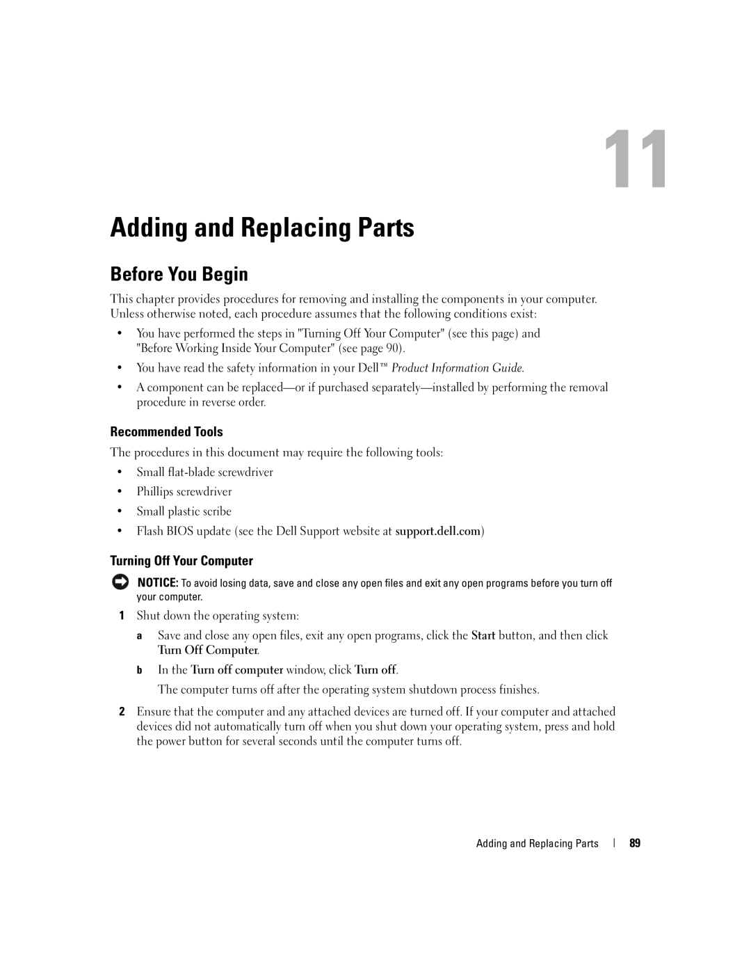 Dell PP23LA owner manual Adding and Replacing Parts, Before You Begin, Recommended Tools, Turning Off Your Computer 