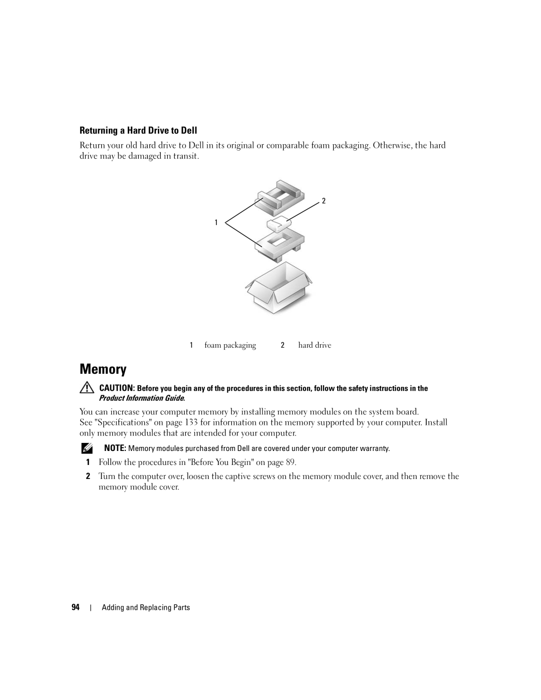 Dell PP23LA owner manual Memory, Returning a Hard Drive to Dell 