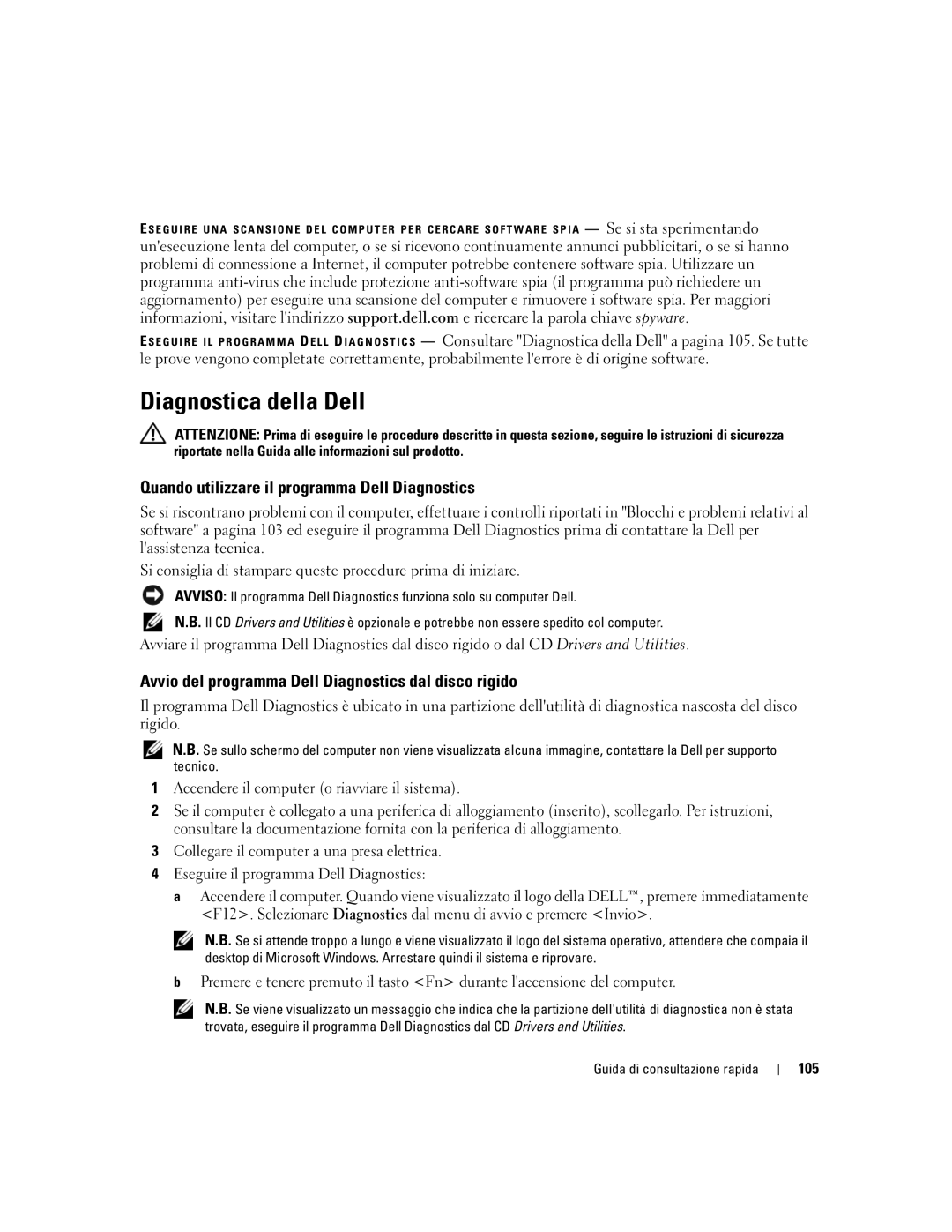 Dell PP23LB manual Diagnostica della Dell, Quando utilizzare il programma Dell Diagnostics, 105 