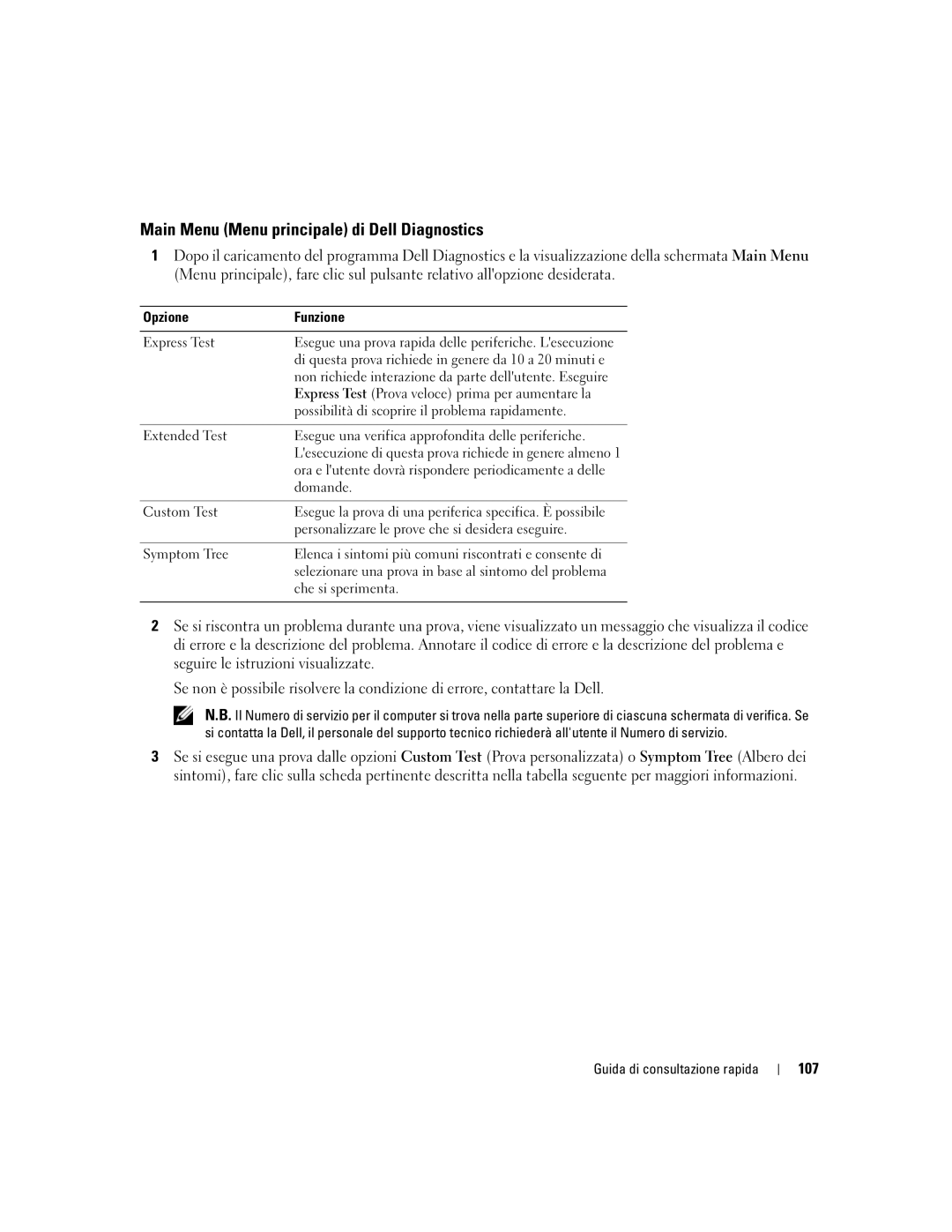 Dell PP23LB manual Main Menu Menu principale di Dell Diagnostics, 107, Opzione Funzione 