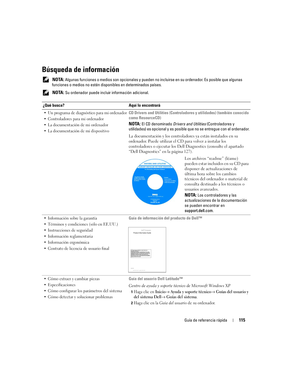 Dell PP23LB Búsqueda de información, 115, Como ResourceCD, Información sobre la garantía, Guía del usuario Dell Latitude 