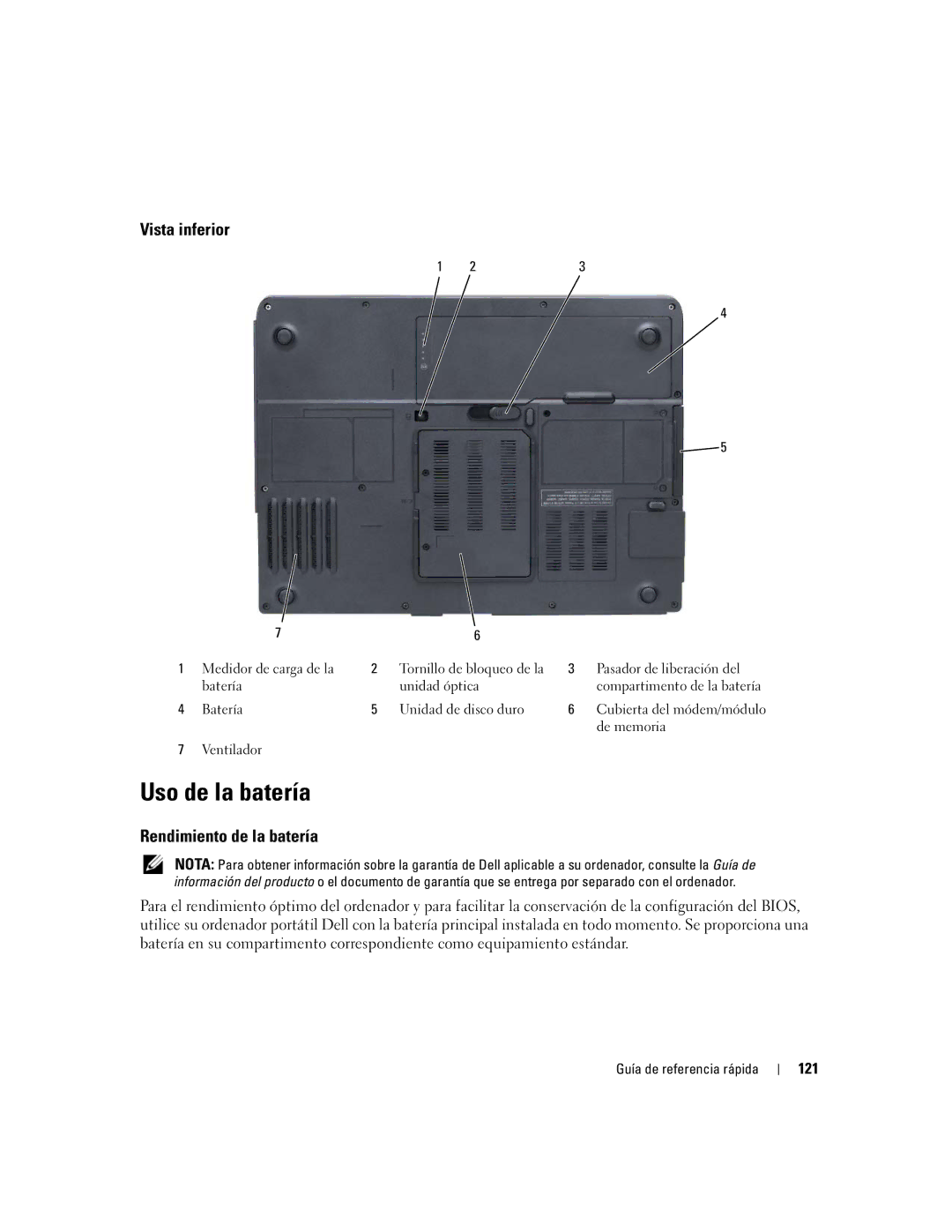 Dell PP23LB manual Uso de la batería, Vista inferior, Rendimiento de la batería, 121 