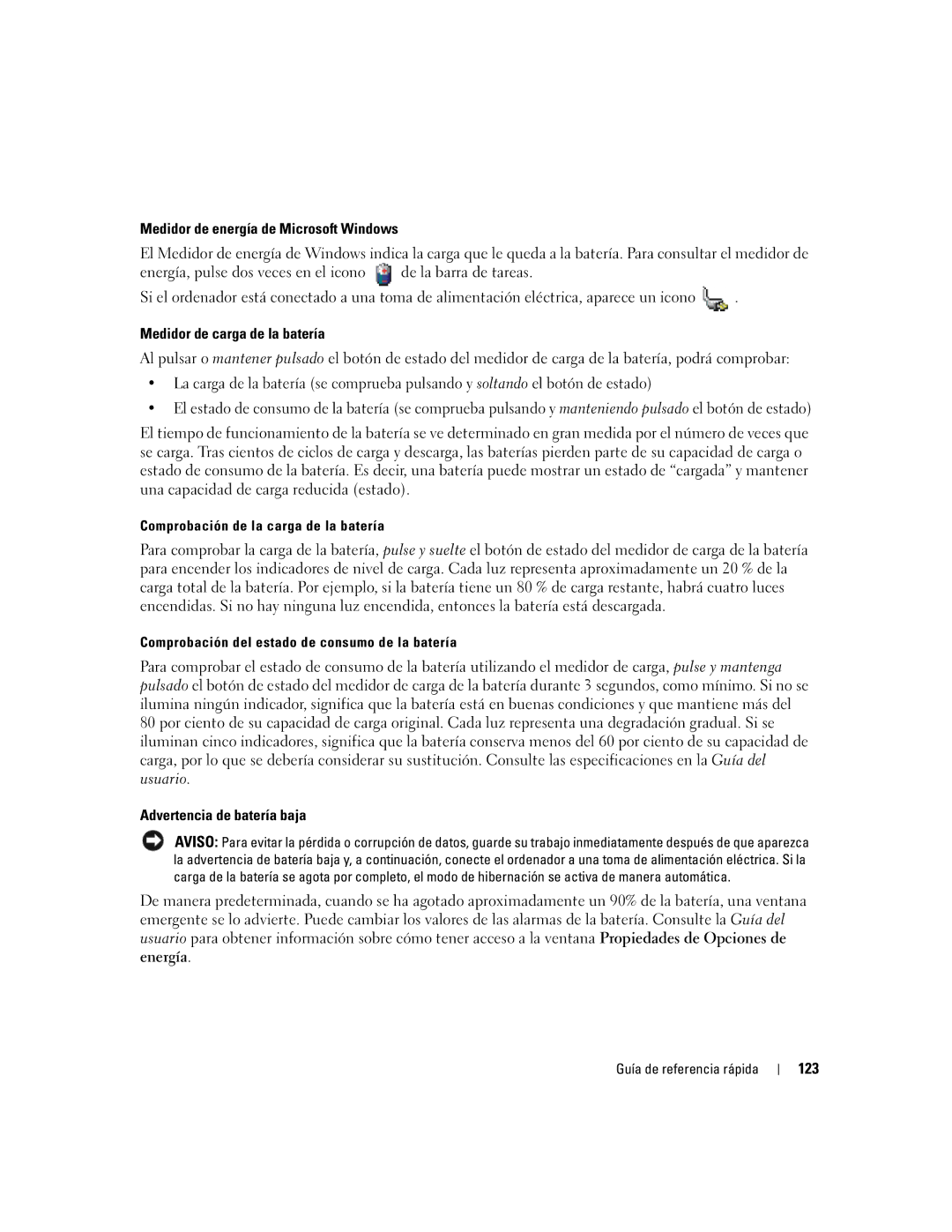 Dell PP23LB Medidor de energía de Microsoft Windows, Medidor de carga de la batería, Advertencia de batería baja, 123 