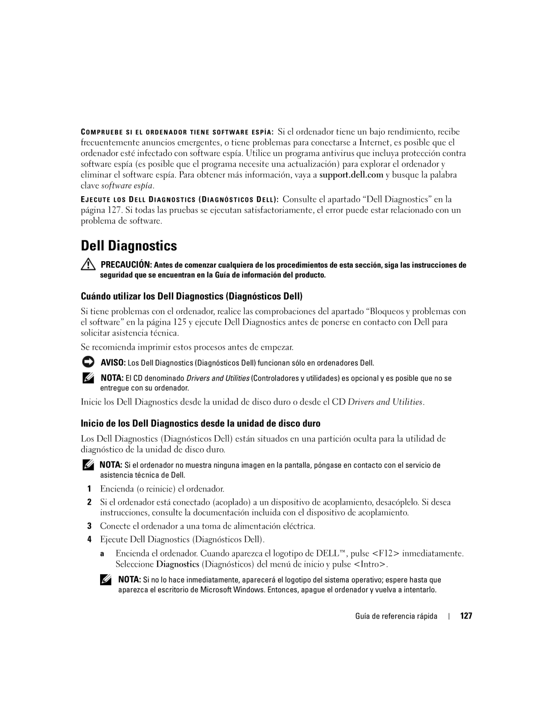 Dell PP23LB manual Cuándo utilizar los Dell Diagnostics Diagnósticos Dell, 127 