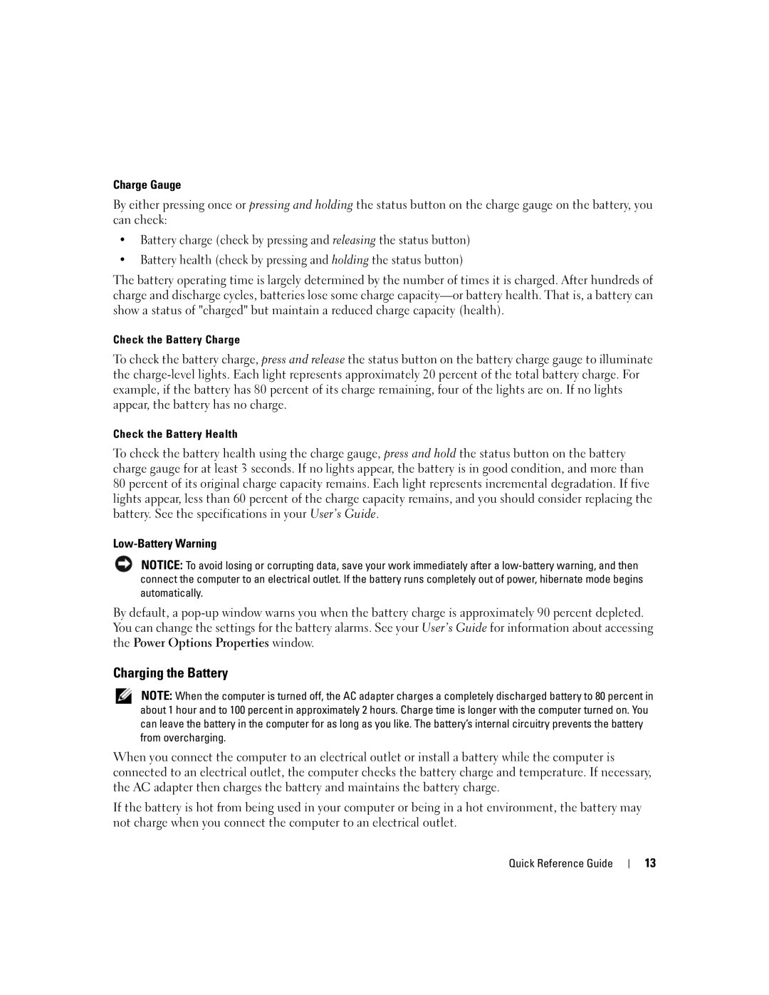 Dell PP23LB Charging the Battery, Charge Gauge, Low-Battery Warning, Check the Battery Charge, Check the Battery Health 