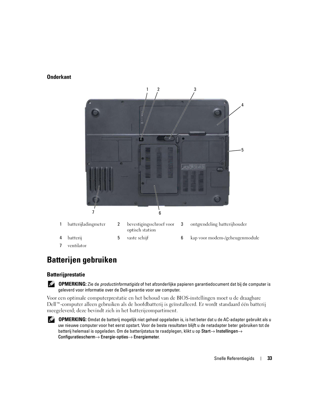 Dell PP23LB manual Batterijen gebruiken, Onderkant, Batterijprestatie 