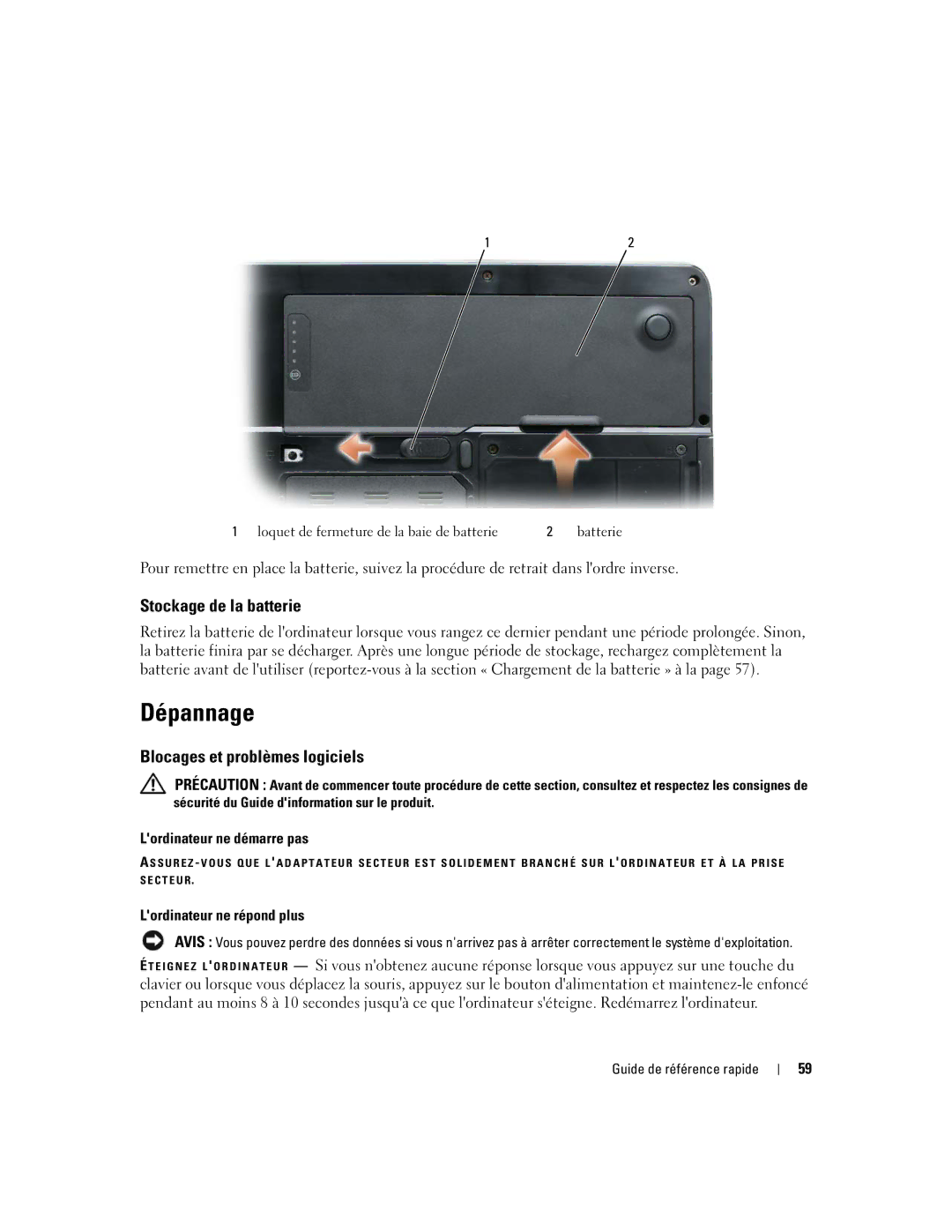 Dell PP23LB manual Dépannage, Stockage de la batterie, Blocages et problèmes logiciels, Lordinateur ne démarre pas 