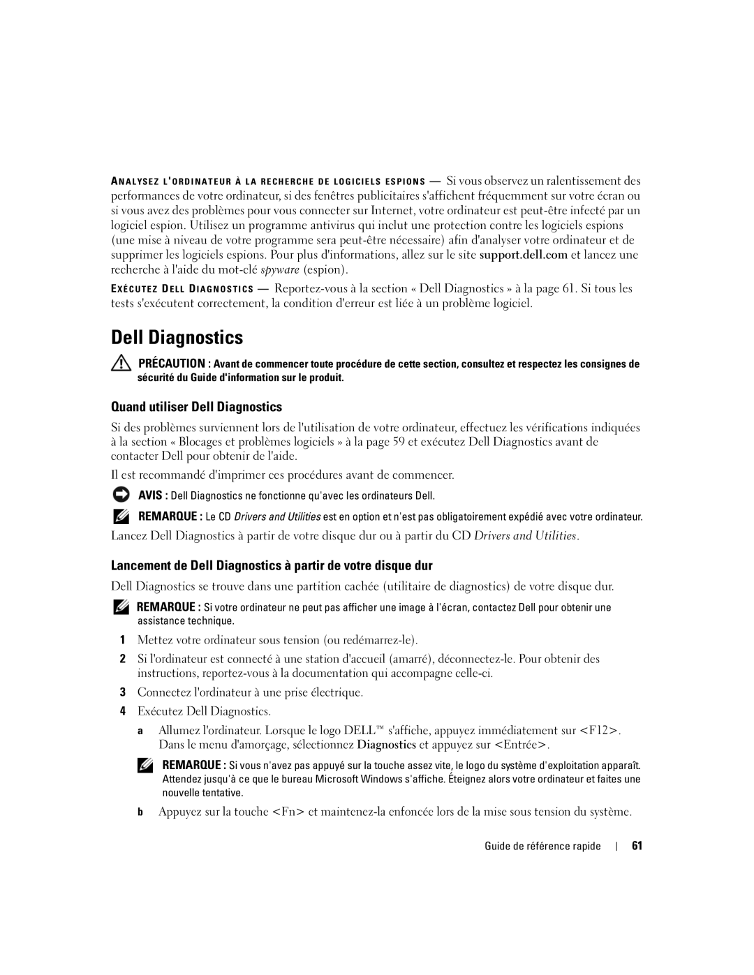 Dell PP23LB manual Quand utiliser Dell Diagnostics, Lancement de Dell Diagnostics à partir de votre disque dur 