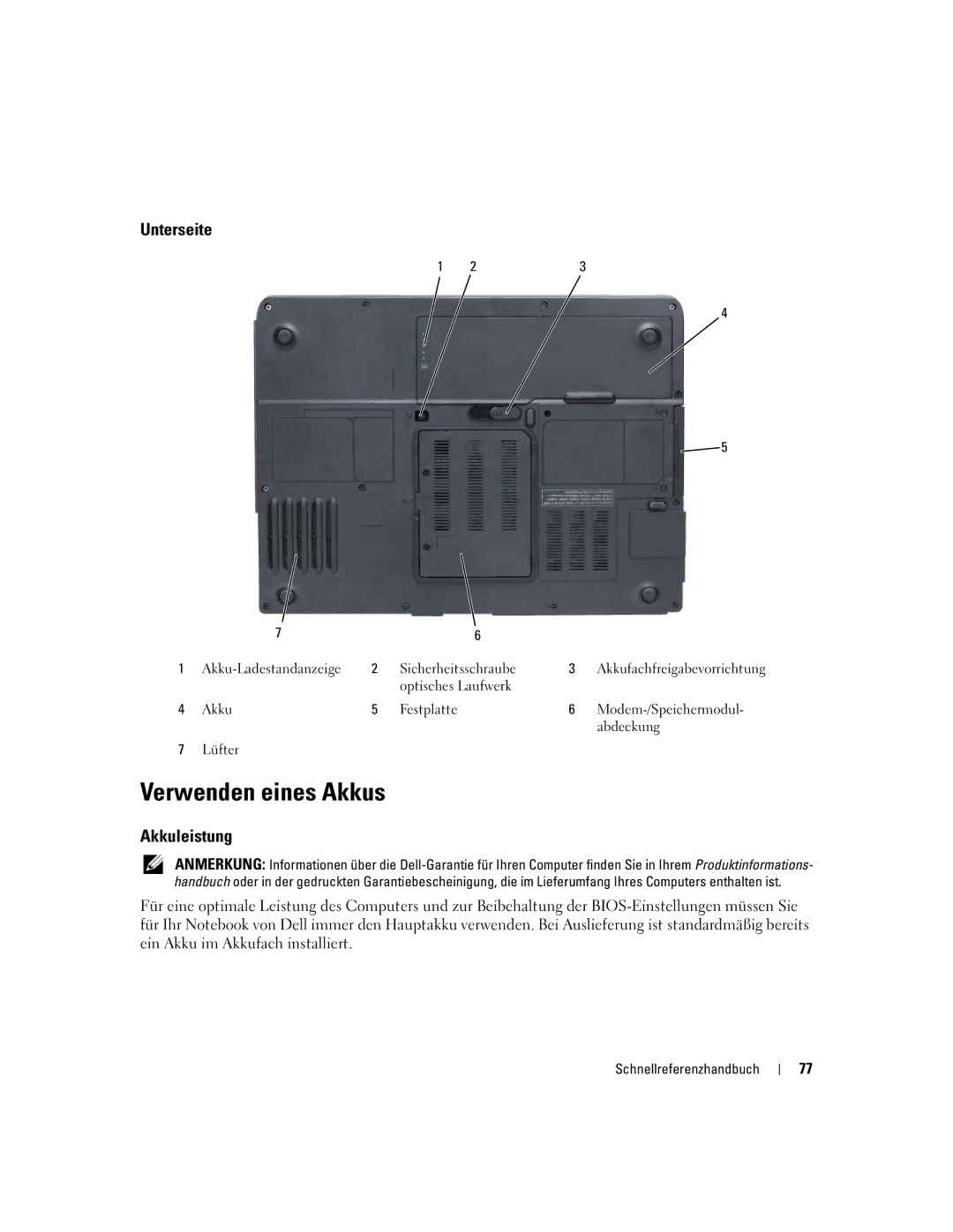 Dell PP23LB manual Verwenden eines Akkus, Unterseite, Akkuleistung 