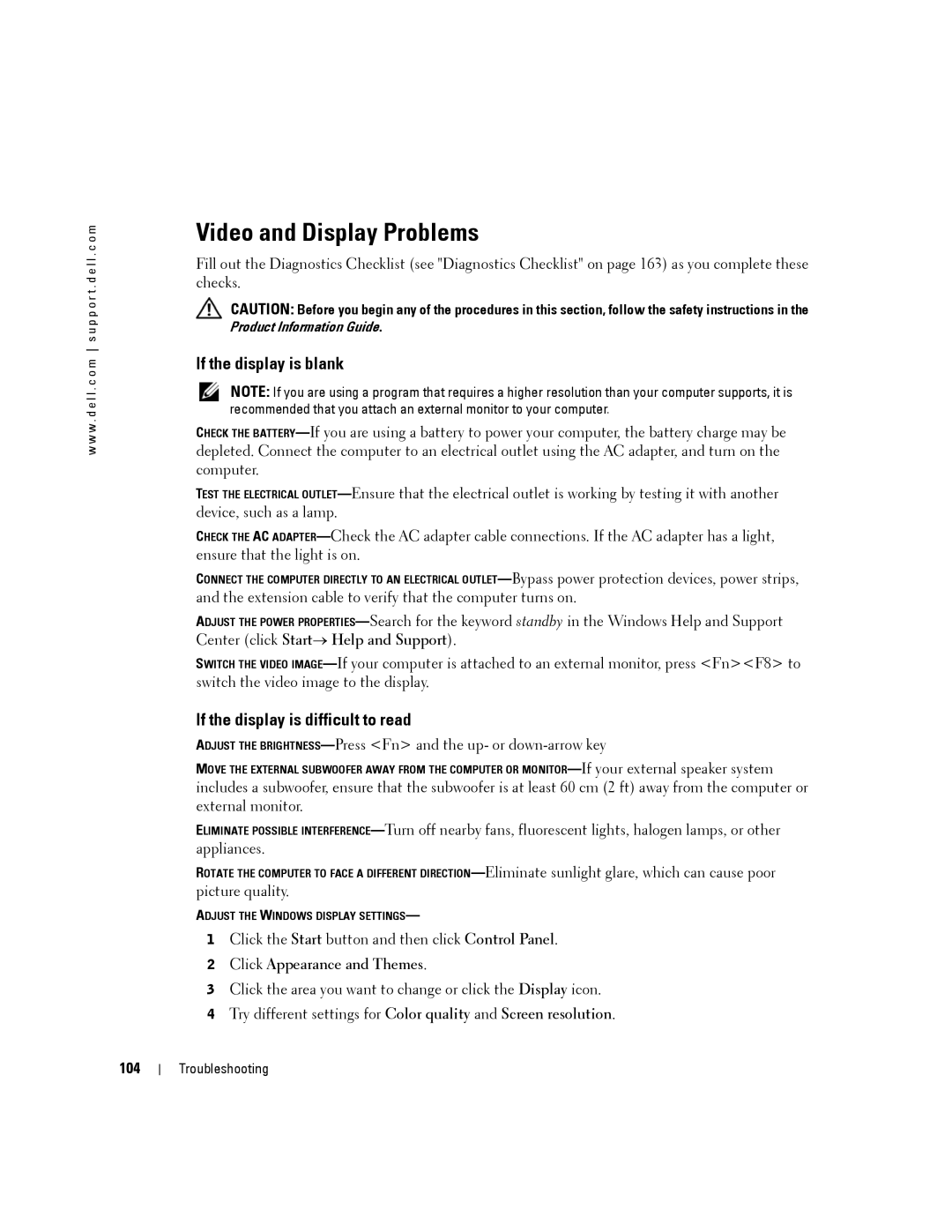Dell PP24L manual Video and Display Problems, If the display is blank, If the display is difficult to read, 104 