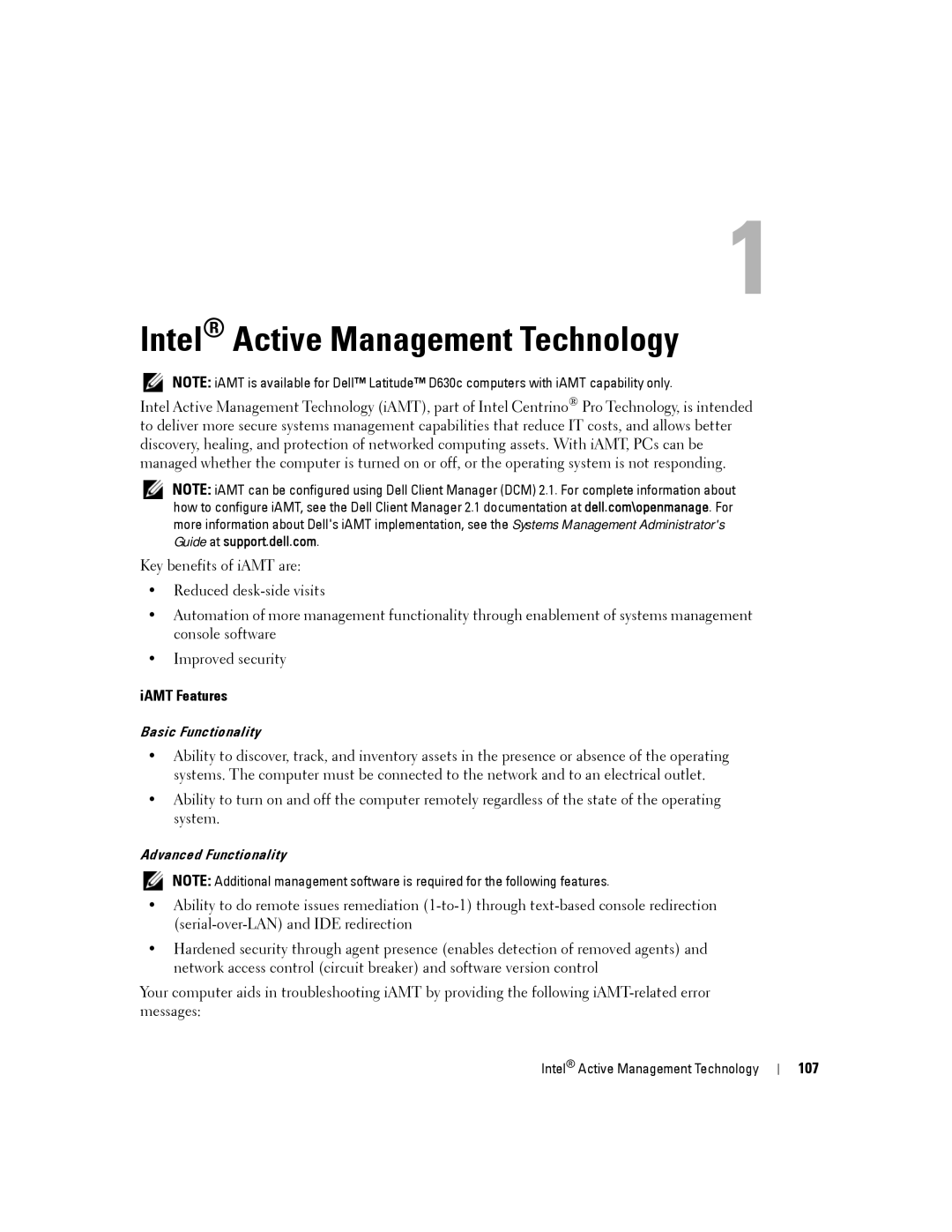 Dell PP24L manual Intel Active Management Technology, IAMT Features, 107 