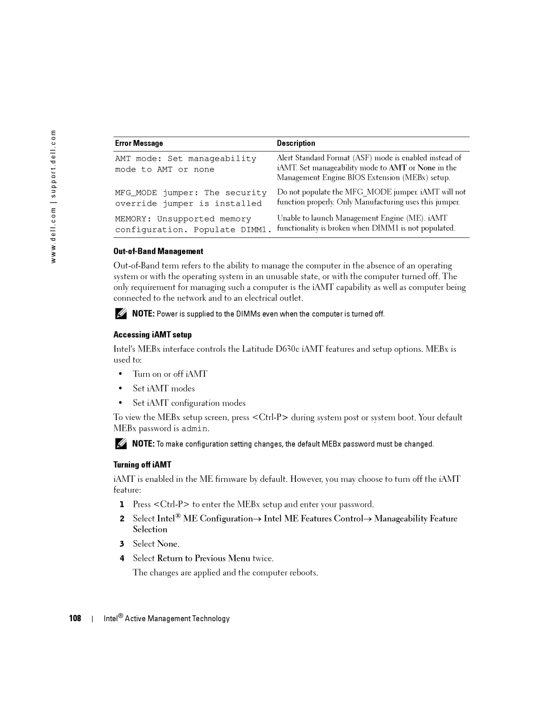 Dell PP24L manual Out-of-Band Management, Accessing iAMT setup, Turning off iAMT, Select Return to Previous Menu twice, 108 