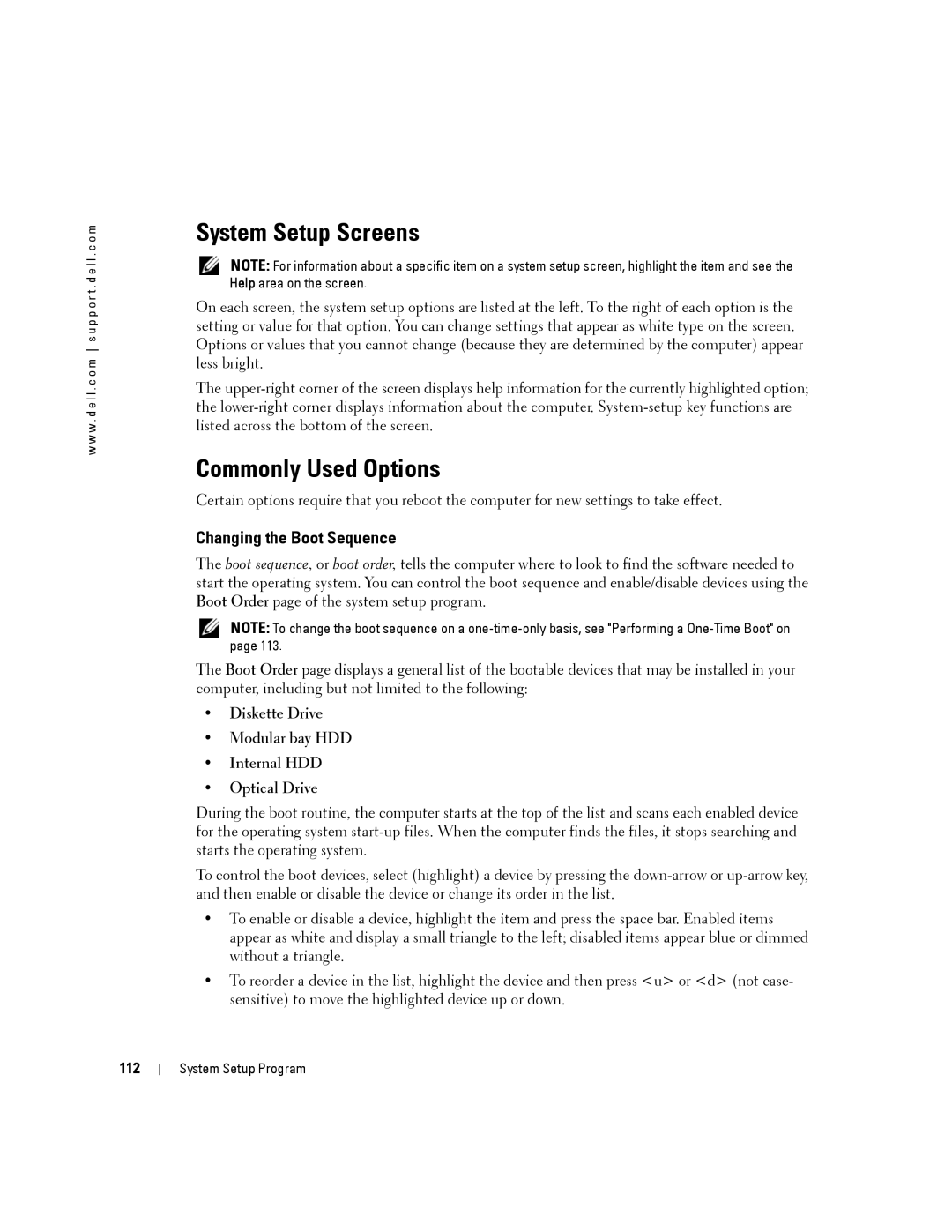 Dell PP24L manual System Setup Screens, Commonly Used Options, Changing the Boot Sequence, 112 