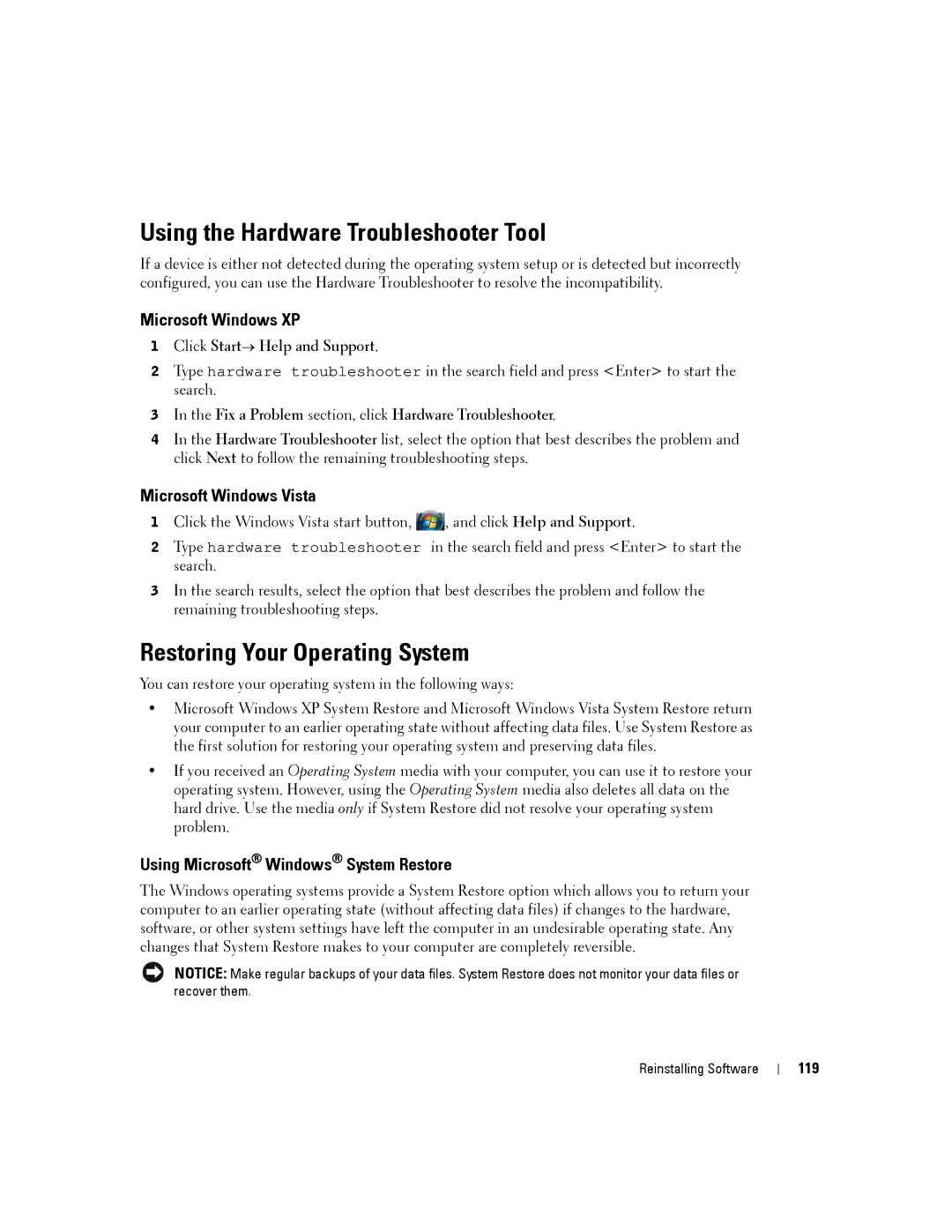 Dell PP24L manual Using the Hardware Troubleshooter Tool, Restoring Your Operating System, Microsoft Windows XP 