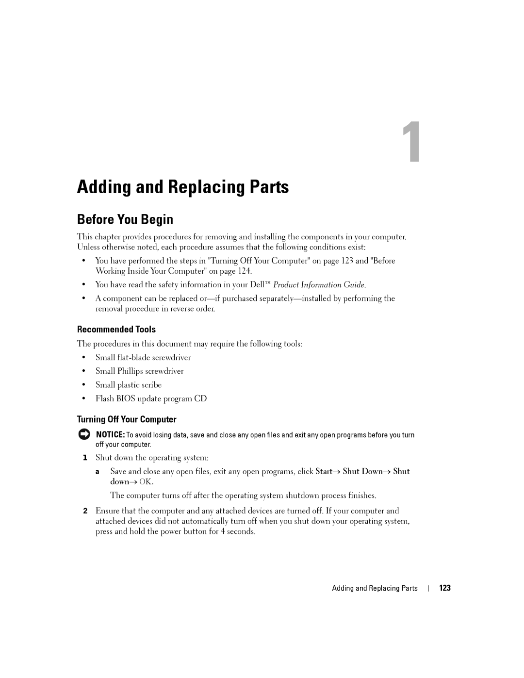 Dell PP24L manual Adding and Replacing Parts, Before You Begin, Recommended Tools, Turning Off Your Computer, 123 