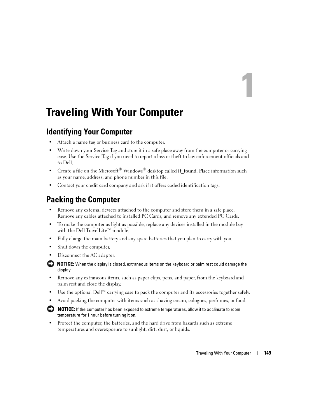 Dell PP24L manual Traveling With Your Computer, Identifying Your Computer, Packing the Computer, 149 