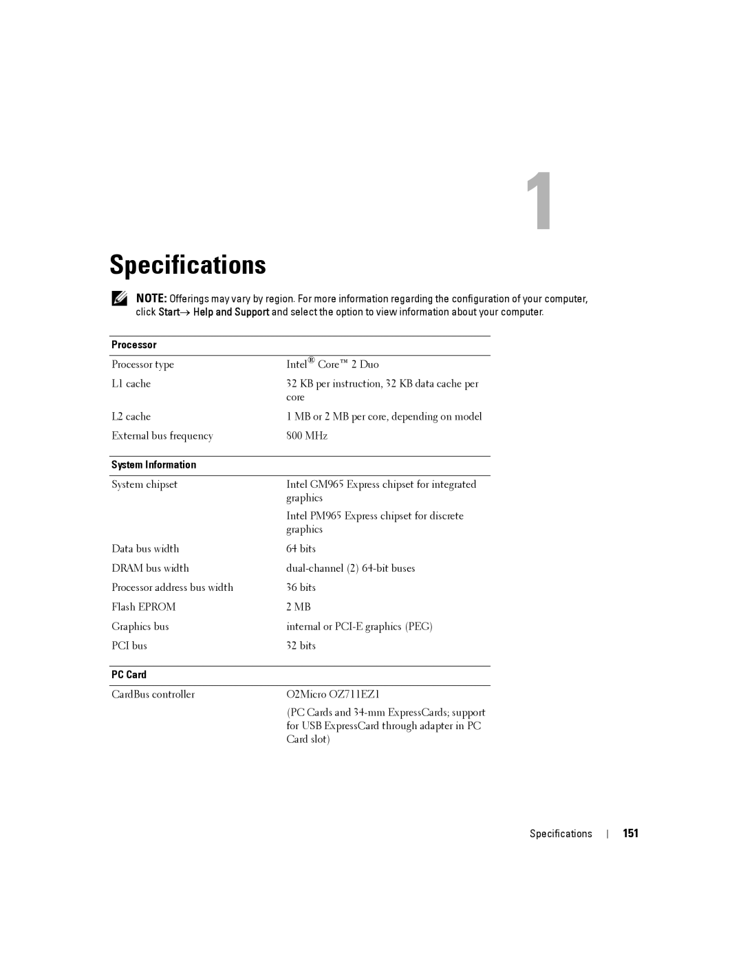 Dell PP24L manual Specifications, 151, Processor, System Information, PC Card 