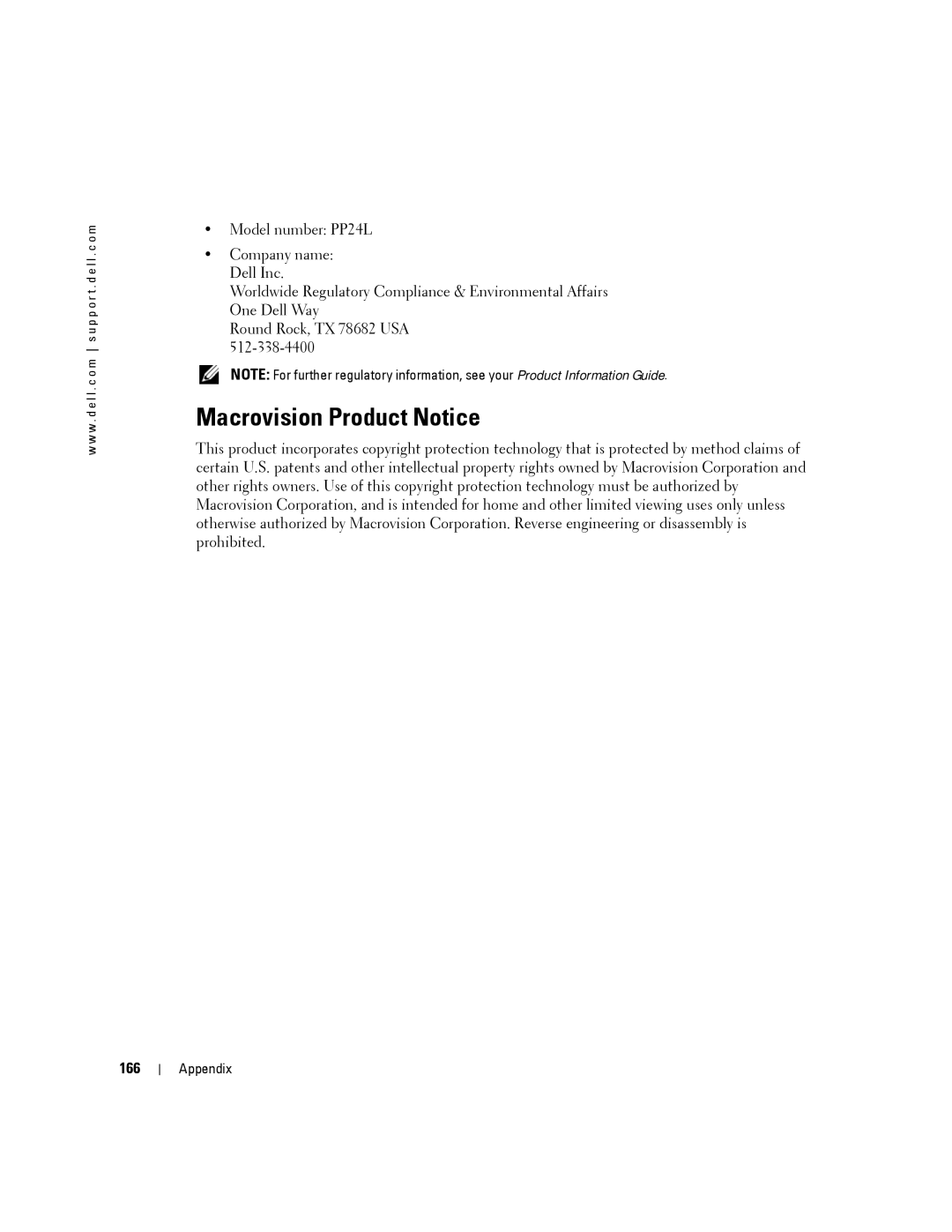 Dell PP24L manual Macrovision Product Notice, 166 