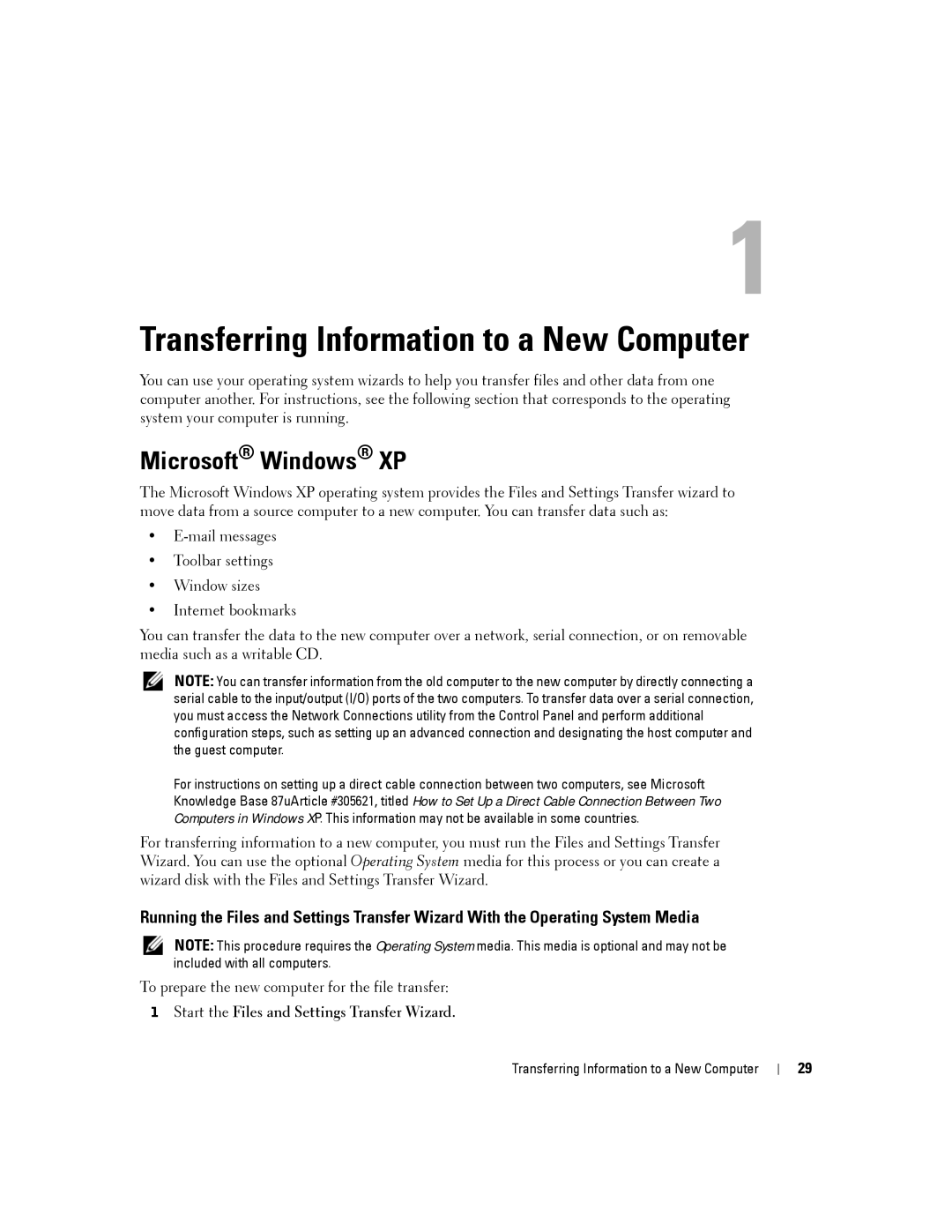 Dell PP24L Transferring Information to a New Computer, Microsoft Windows XP, Start the Files and Settings Transfer Wizard 