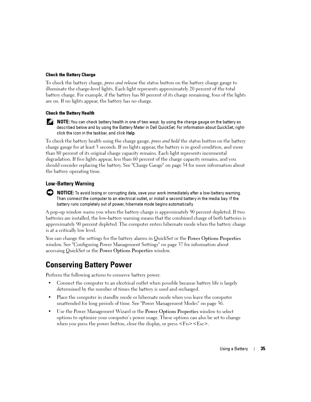 Dell PP24L manual Conserving Battery Power, Low-Battery Warning, Check the Battery Charge, Check the Battery Health 