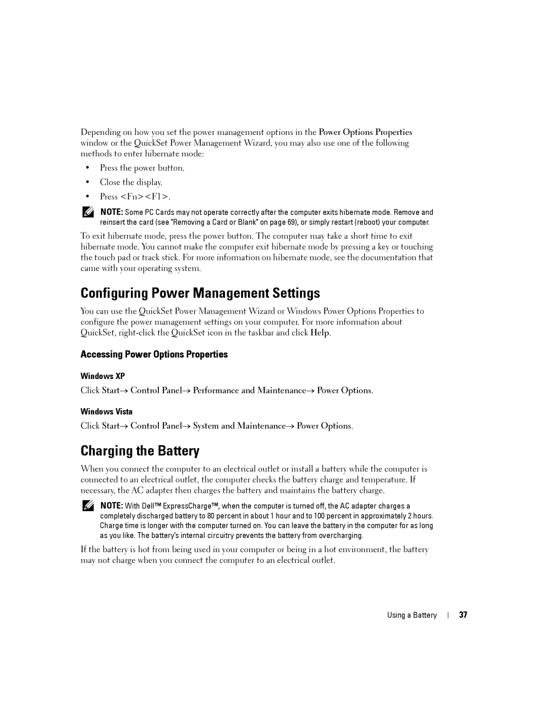 Dell PP24L Configuring Power Management Settings, Charging the Battery, Accessing Power Options Properties, Windows XP 