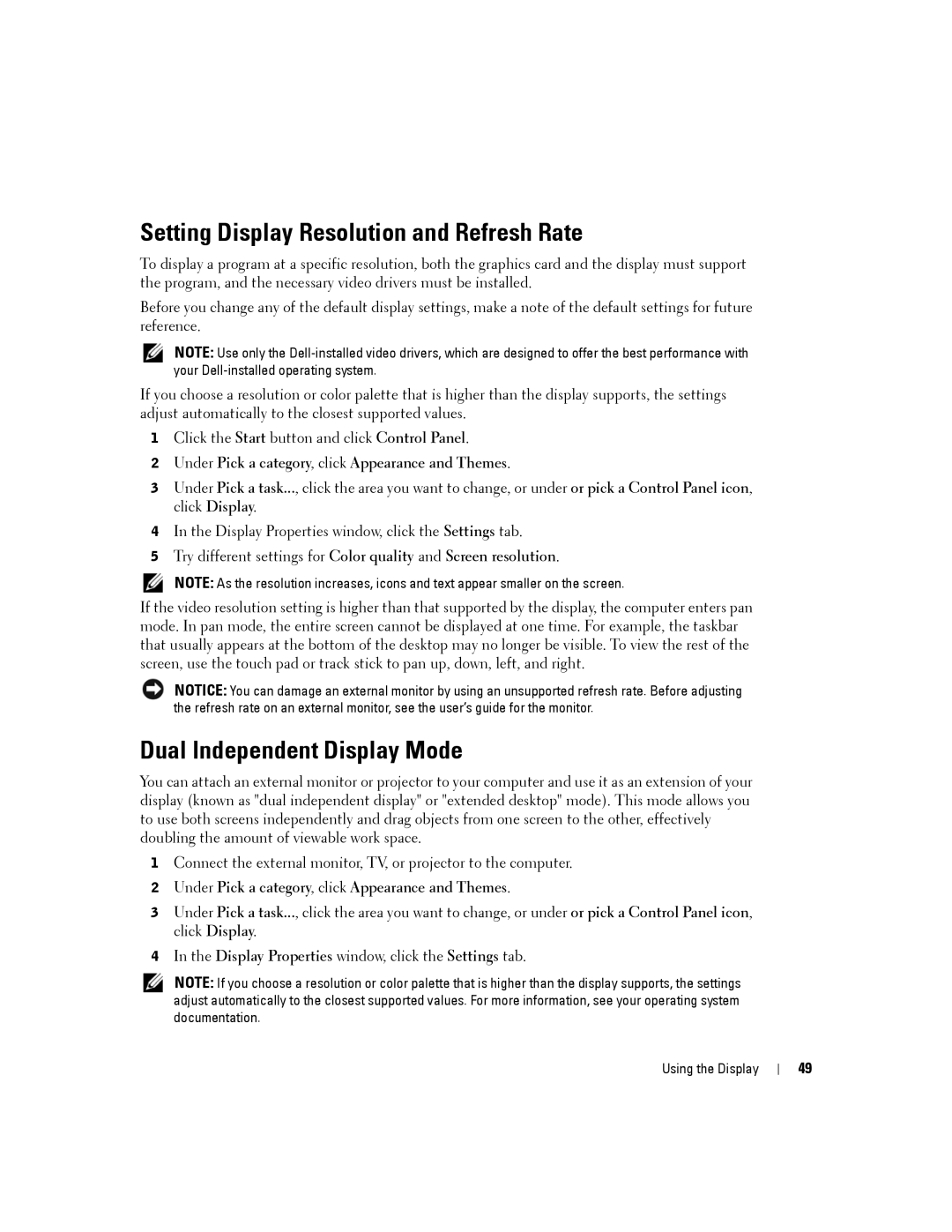 Dell PP24L manual Setting Display Resolution and Refresh Rate, Dual Independent Display Mode 