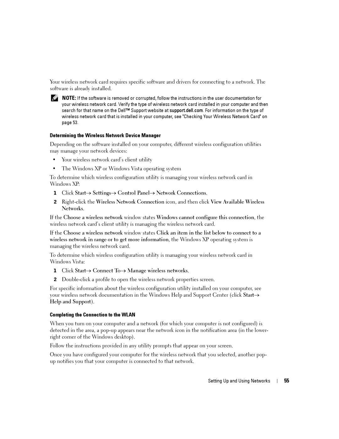 Dell PP24L manual Determining the Wireless Network Device Manager, Click Start→ Connect To→ Manage wireless networks 