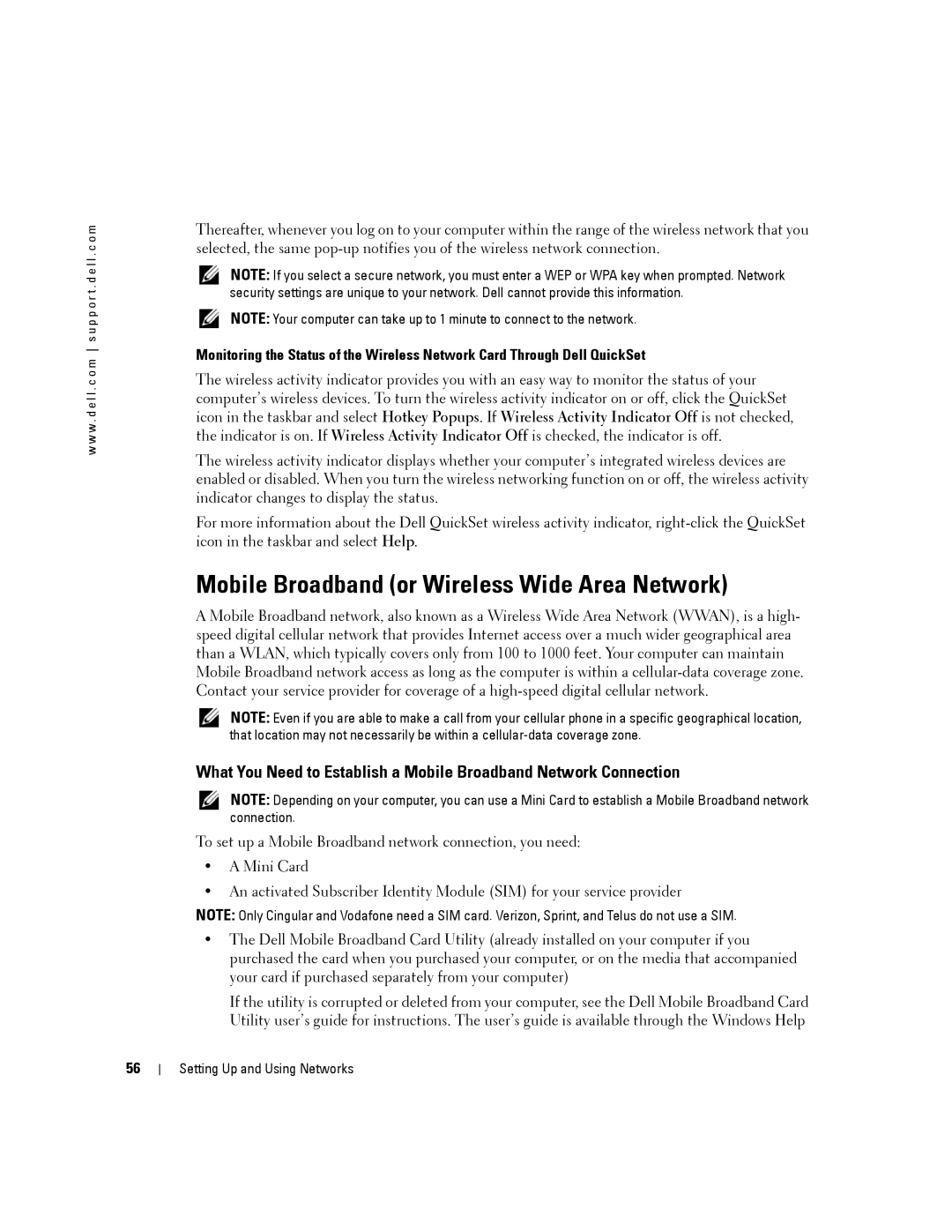 Dell PP24L manual Mobile Broadband or Wireless Wide Area Network 