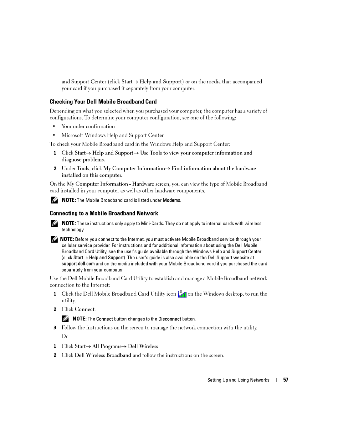 Dell PP24L manual Checking Your Dell Mobile Broadband Card, Connecting to a Mobile Broadband Network 