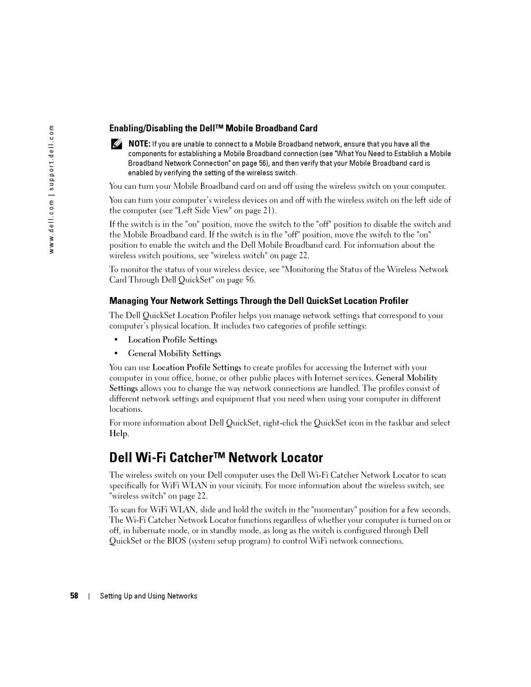 Dell PP24L manual Dell Wi-Fi Catcher Network Locator, Enabling/Disabling the Dell Mobile Broadband Card 