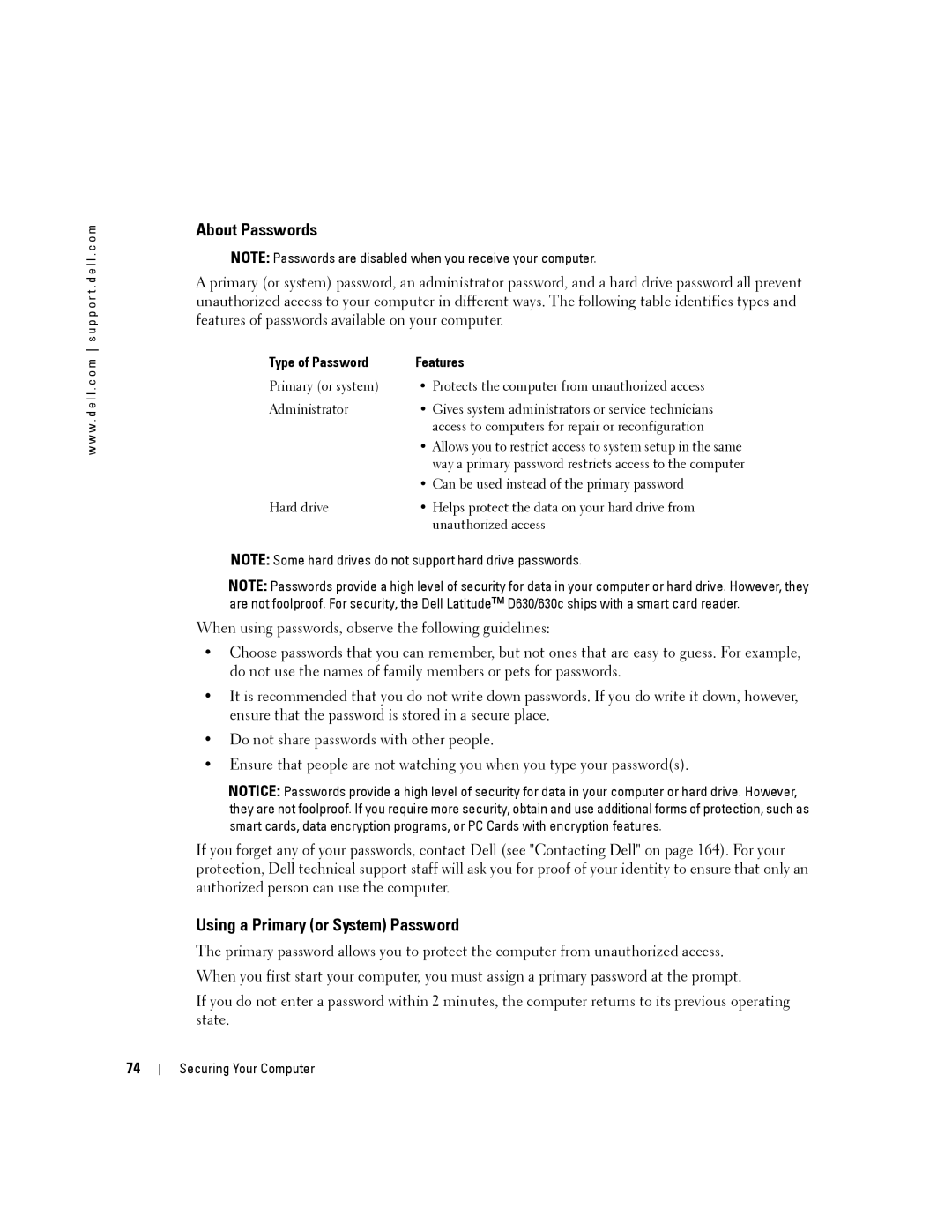 Dell PP24L manual About Passwords, Using a Primary or System Password, Type of Password Features 