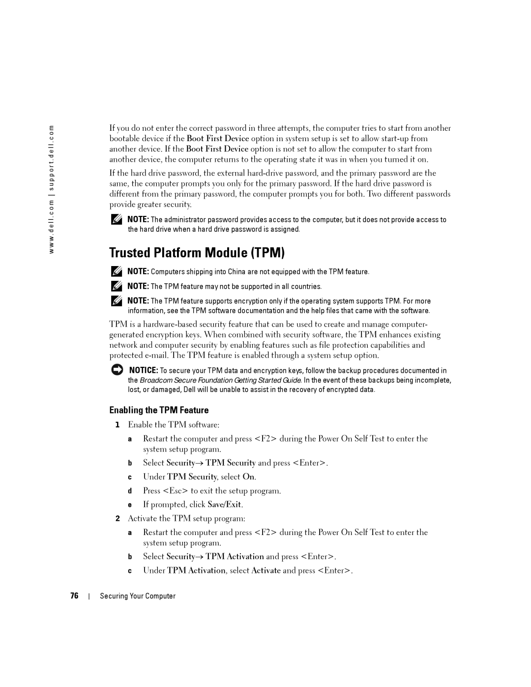 Dell PP24L manual Trusted Platform Module TPM, Enabling the TPM Feature 