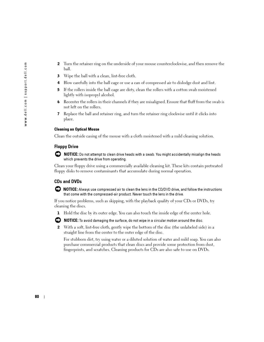 Dell PP24L manual Floppy Drive, CDs and DVDs, Cleaning an Optical Mouse 