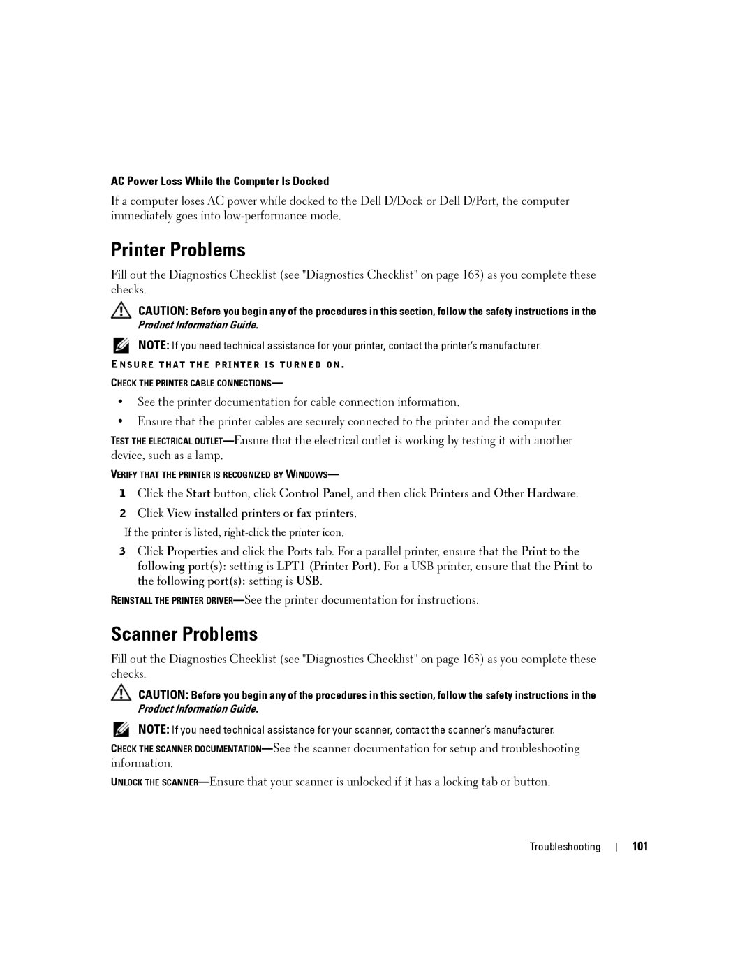 Dell PP24L manual Printer Problems, Scanner Problems, AC Power Loss While the Computer Is Docked, 101 