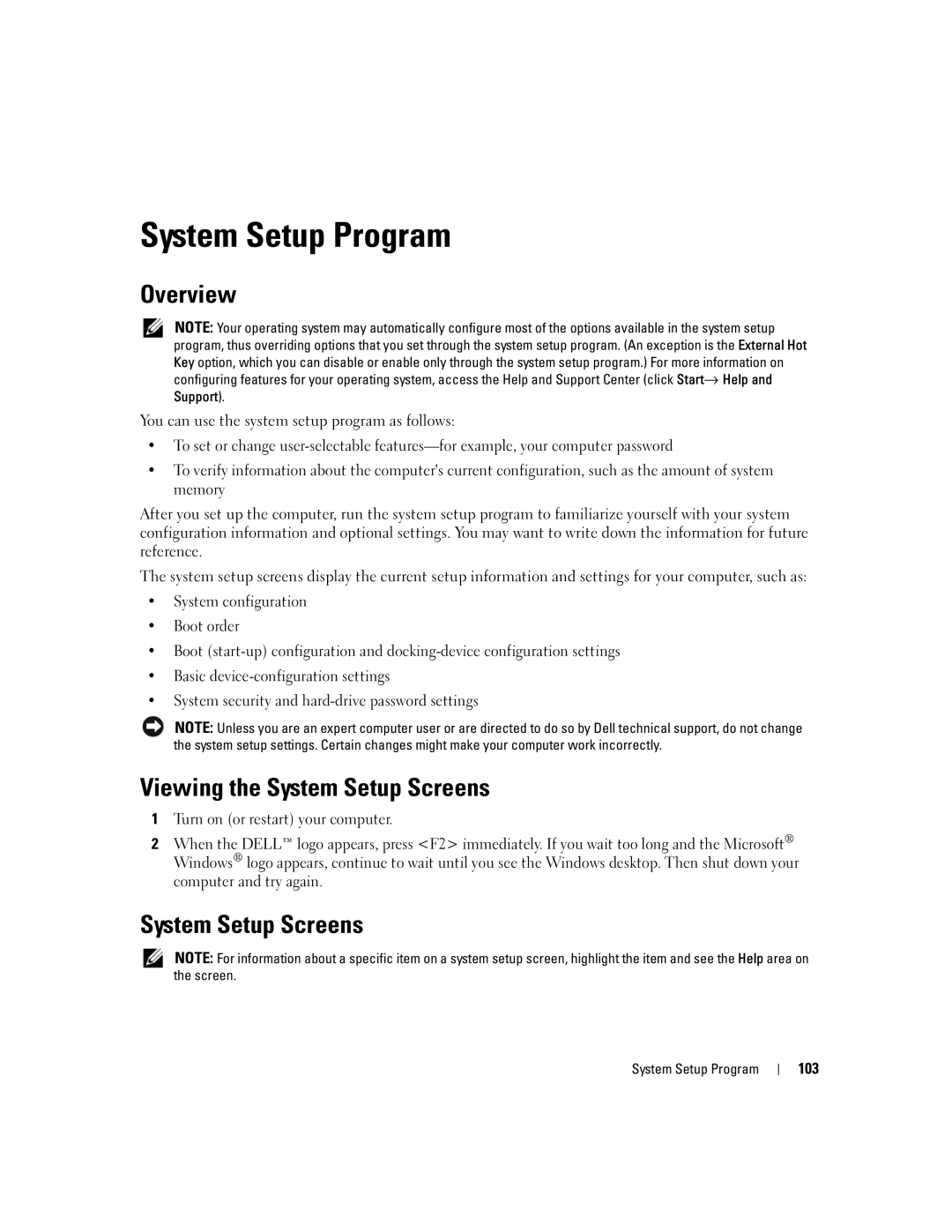 Dell PP24L manual System Setup Program, Overview, Viewing the System Setup Screens, 103 