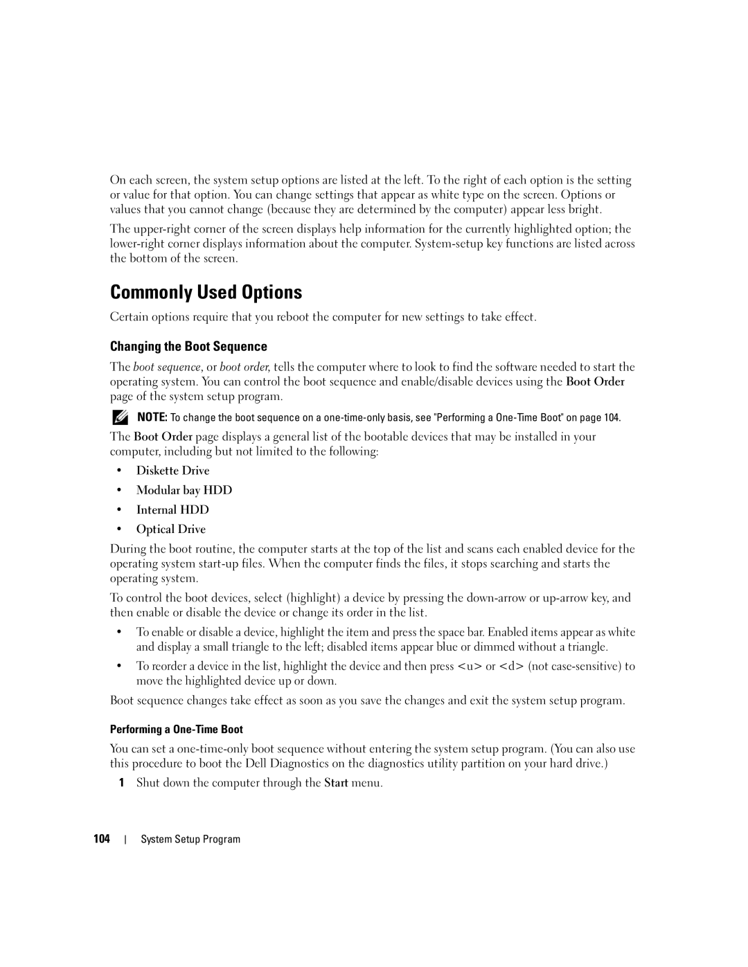 Dell PP24L manual Commonly Used Options, Changing the Boot Sequence, Shut down the computer through the Start menu 104 