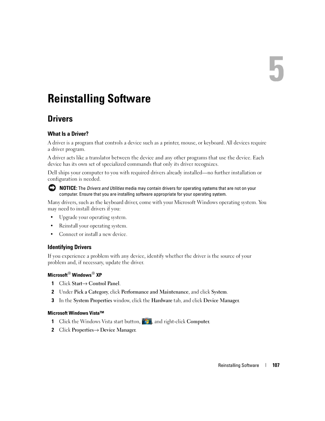 Dell PP24L manual Reinstalling Software, What Is a Driver?, Identifying Drivers, 107 