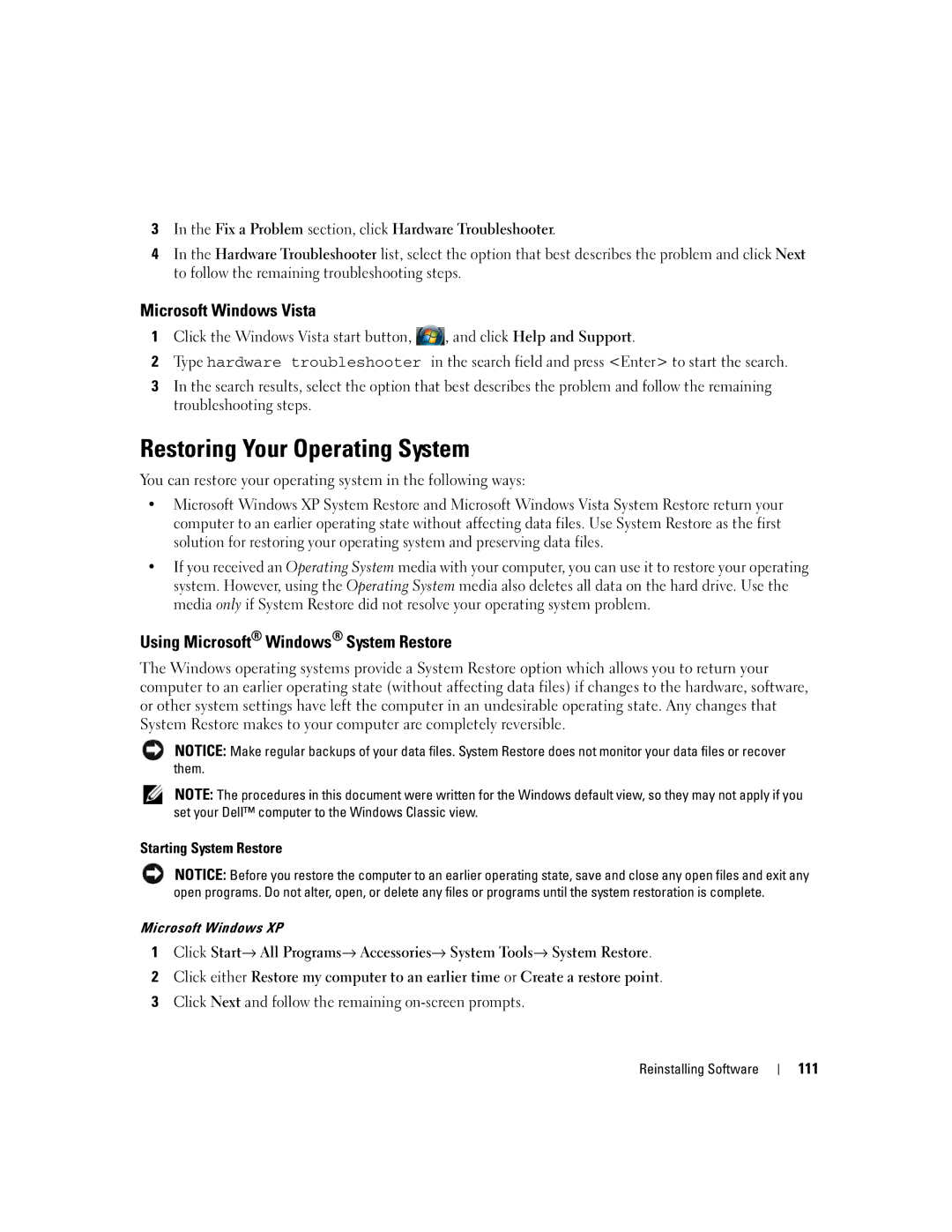 Dell PP24L manual Restoring Your Operating System, Microsoft Windows Vista, Using Microsoft Windows System Restore, 111 