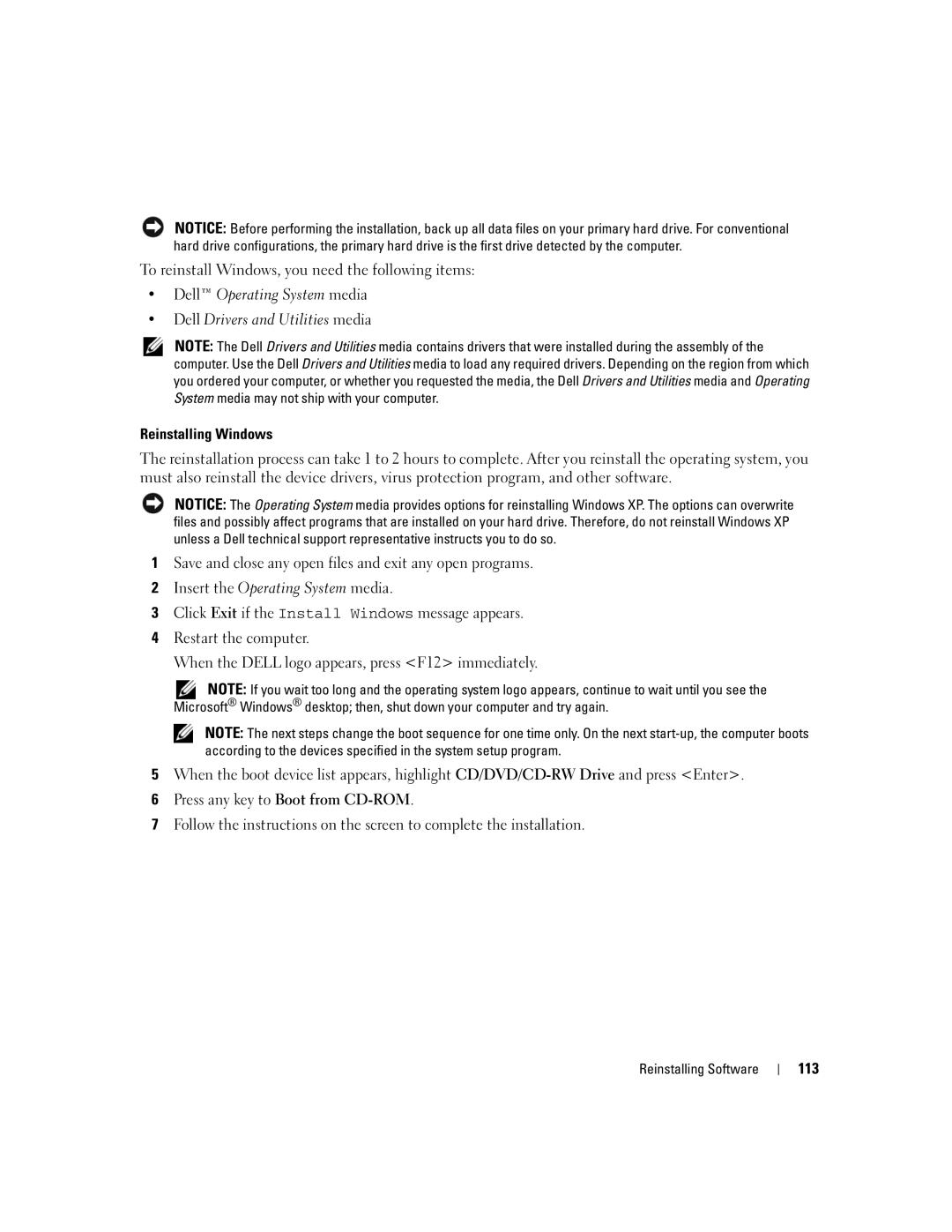 Dell PP24L manual To reinstall Windows, you need the following items, 113 