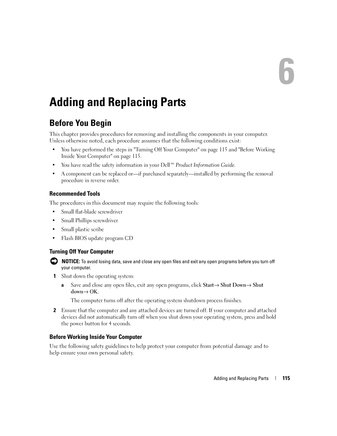 Dell PP24L manual Adding and Replacing Parts, Before You Begin, Recommended Tools, Turning Off Your Computer 