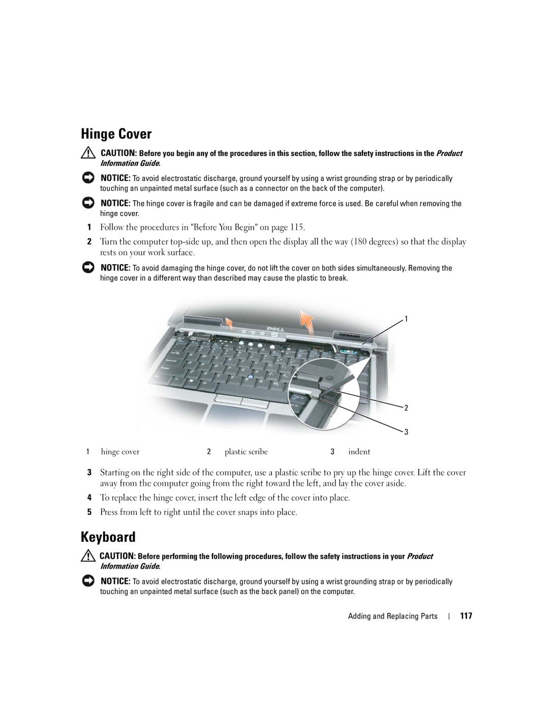 Dell PP24L manual Hinge Cover, Keyboard, 117, Hinge cover Plastic scribe 