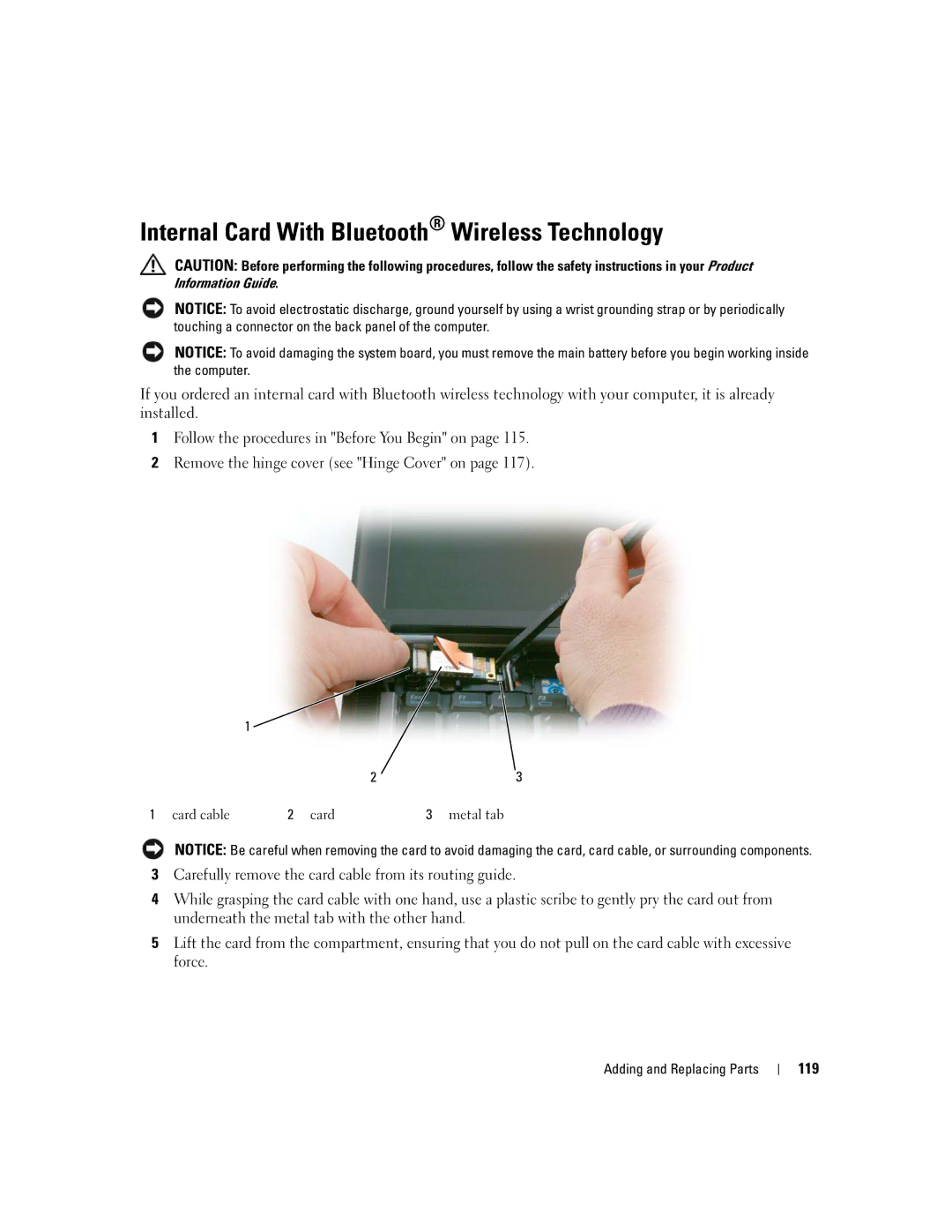 Dell PP24L manual Internal Card With Bluetooth Wireless Technology, 119, Card cable Metal tab 