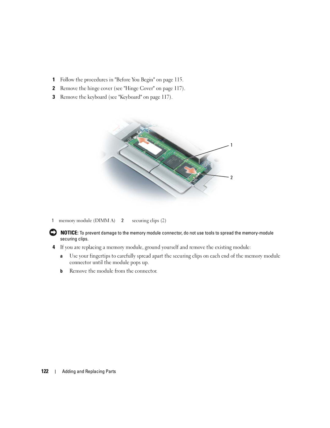 Dell PP24L manual Memory module Dimm a 2 securing clips 