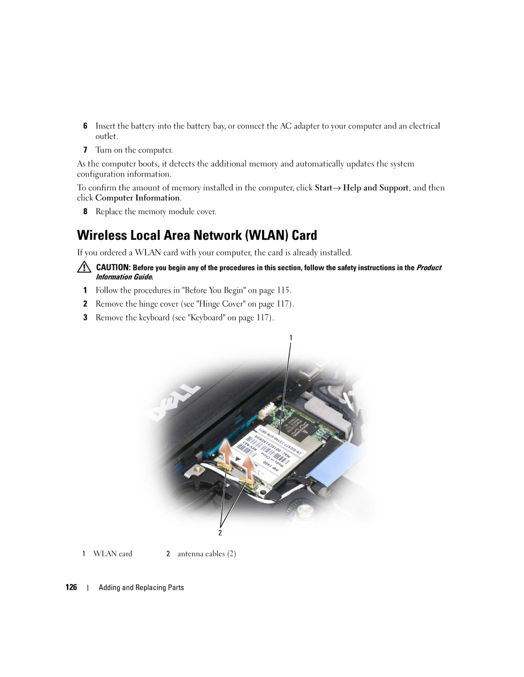 Dell PP24L manual Wireless Local Area Network Wlan Card, 126, Wlan card 